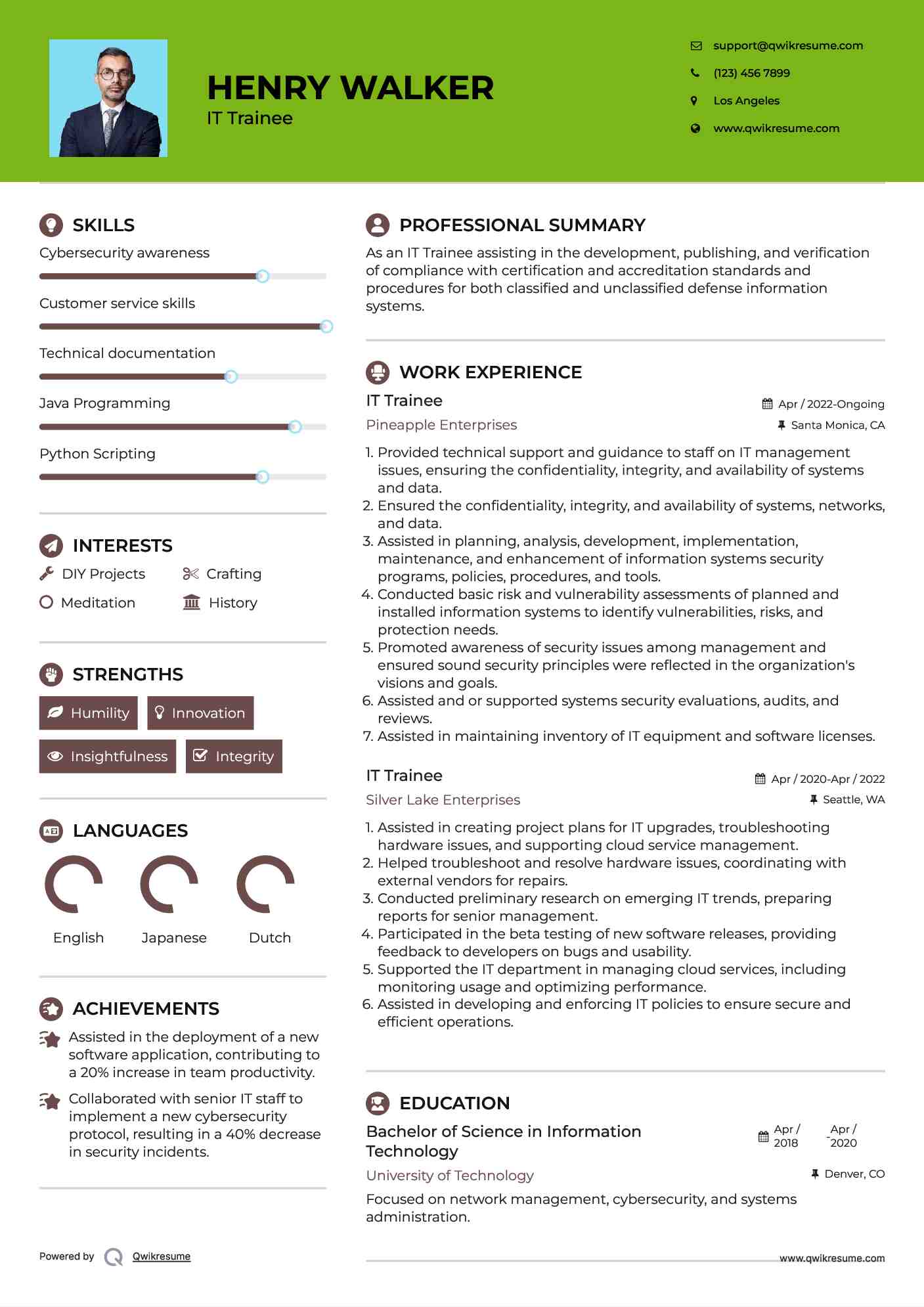 IT Trainee Resume Example