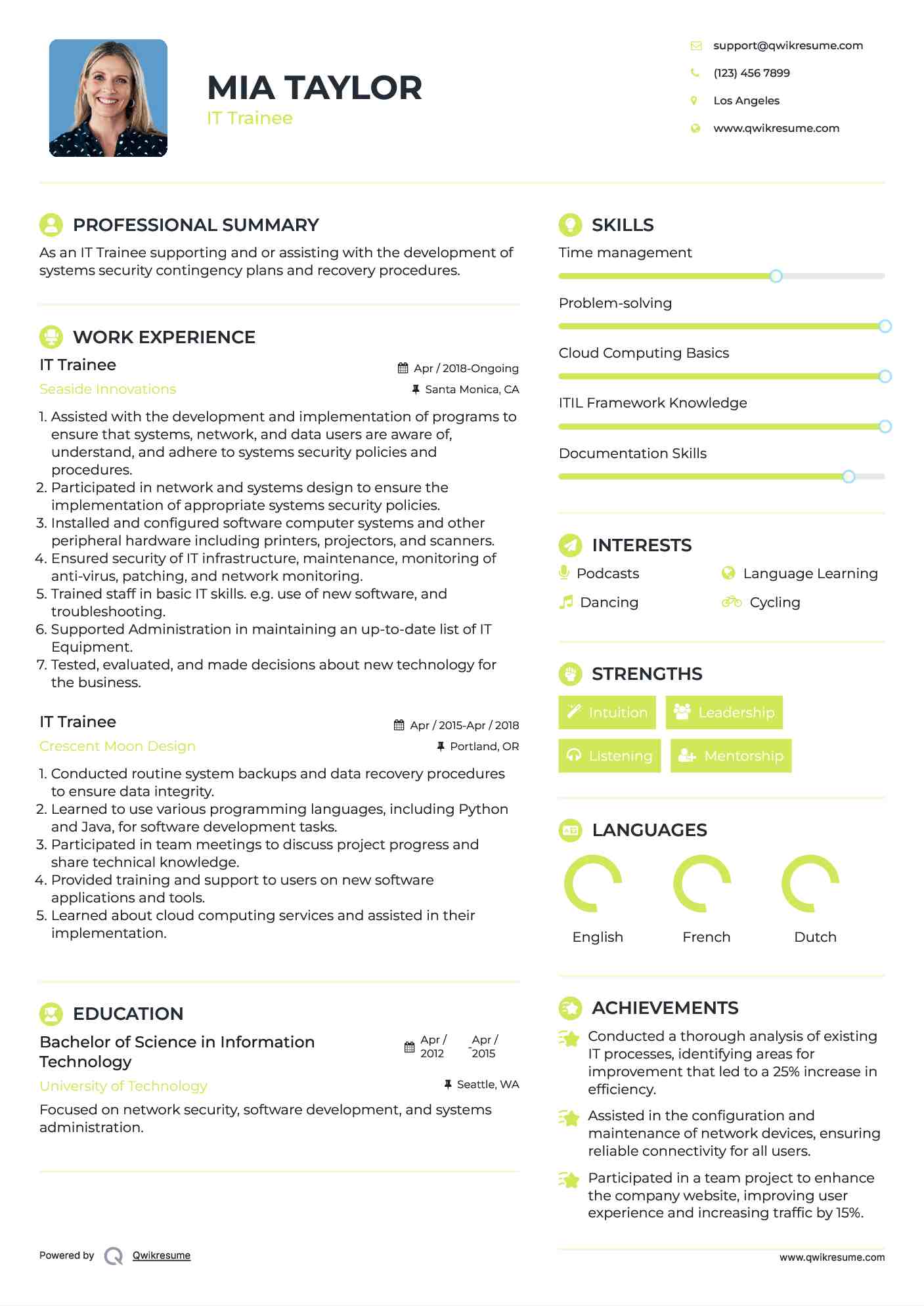 IT Trainee Resume Example
