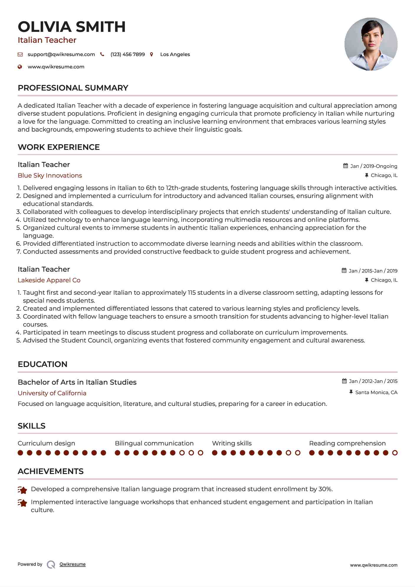 Italian Teacher Resume Template