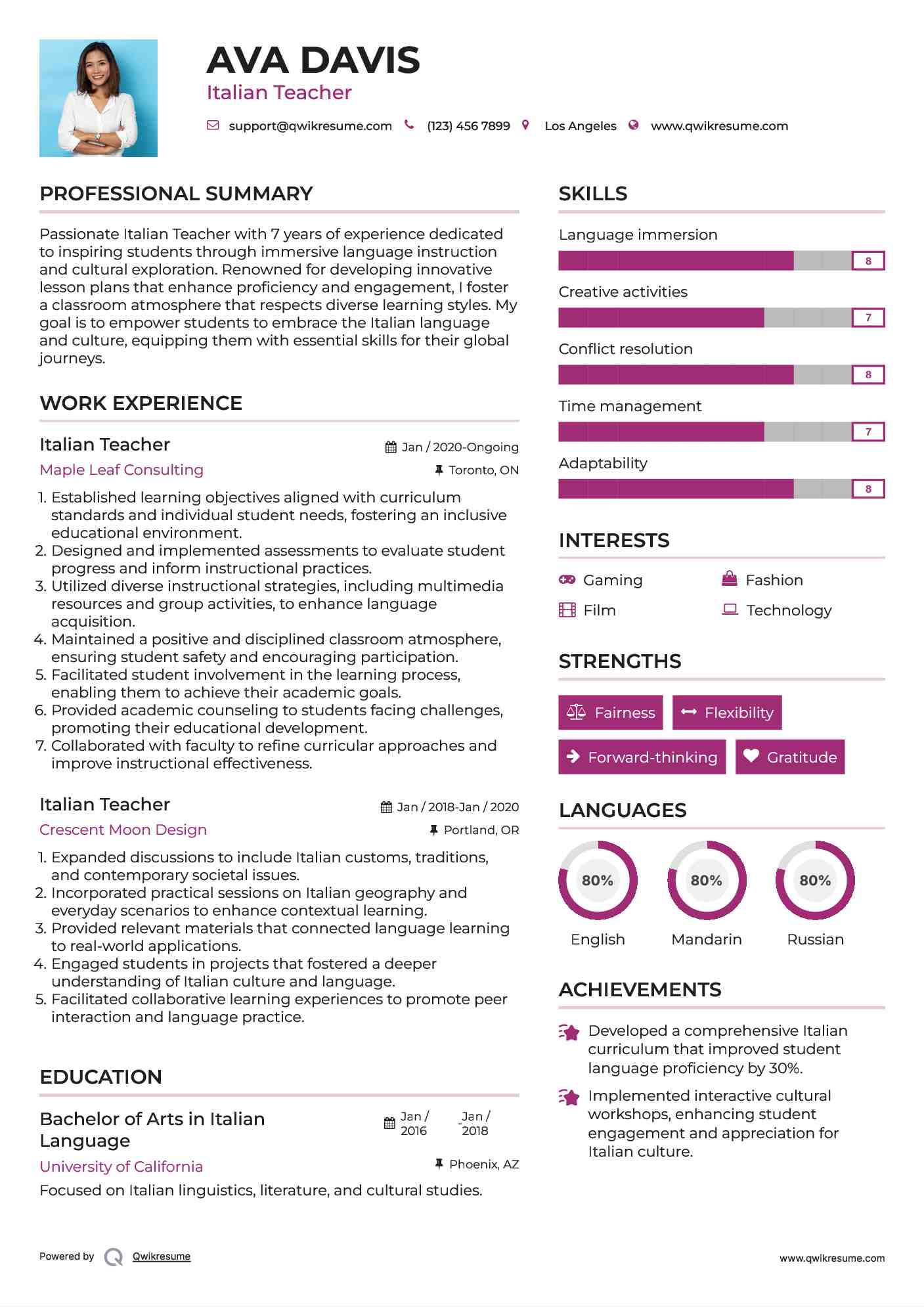 Italian Teacher Resume Sample