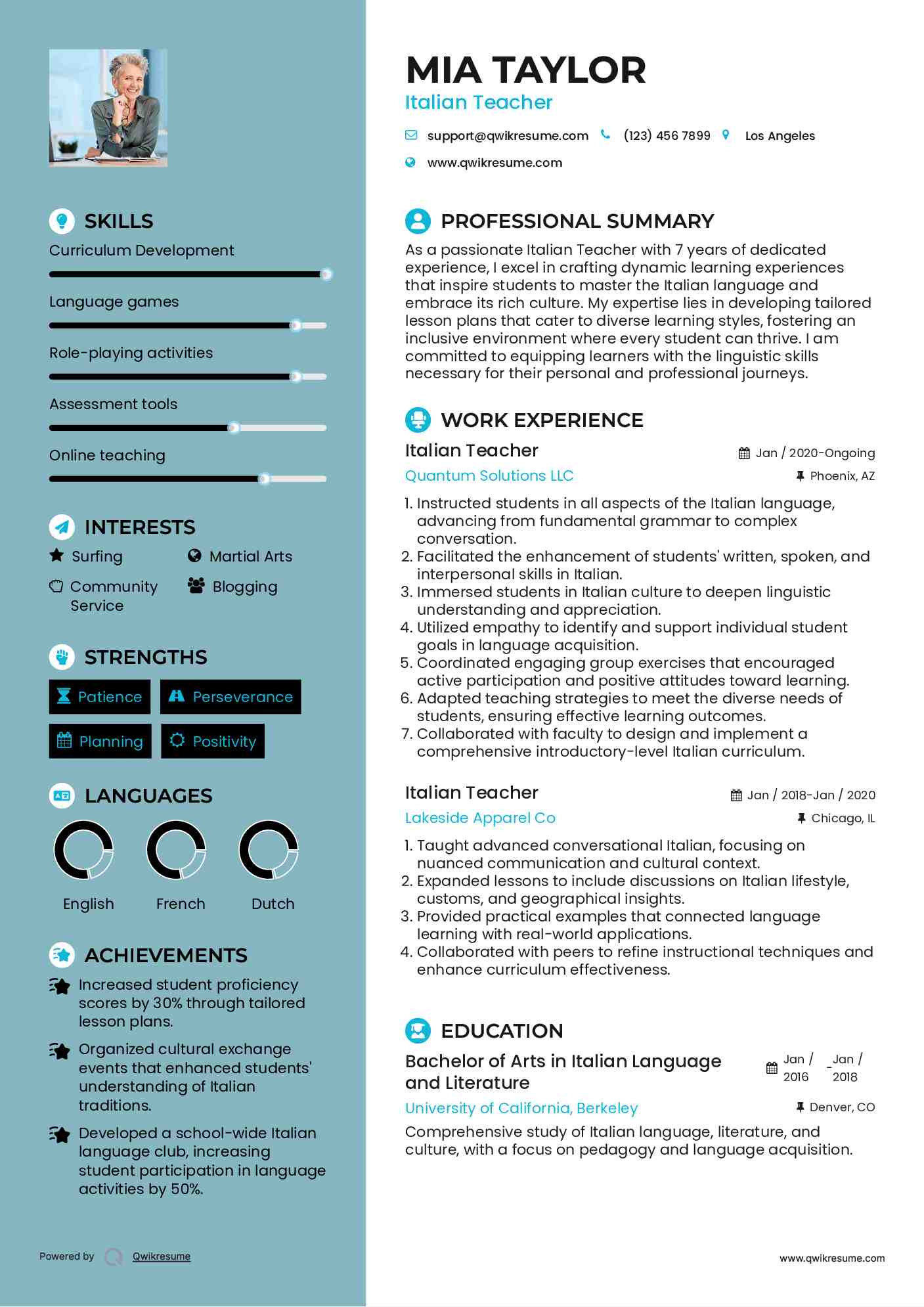Italian Teacher Resume Model