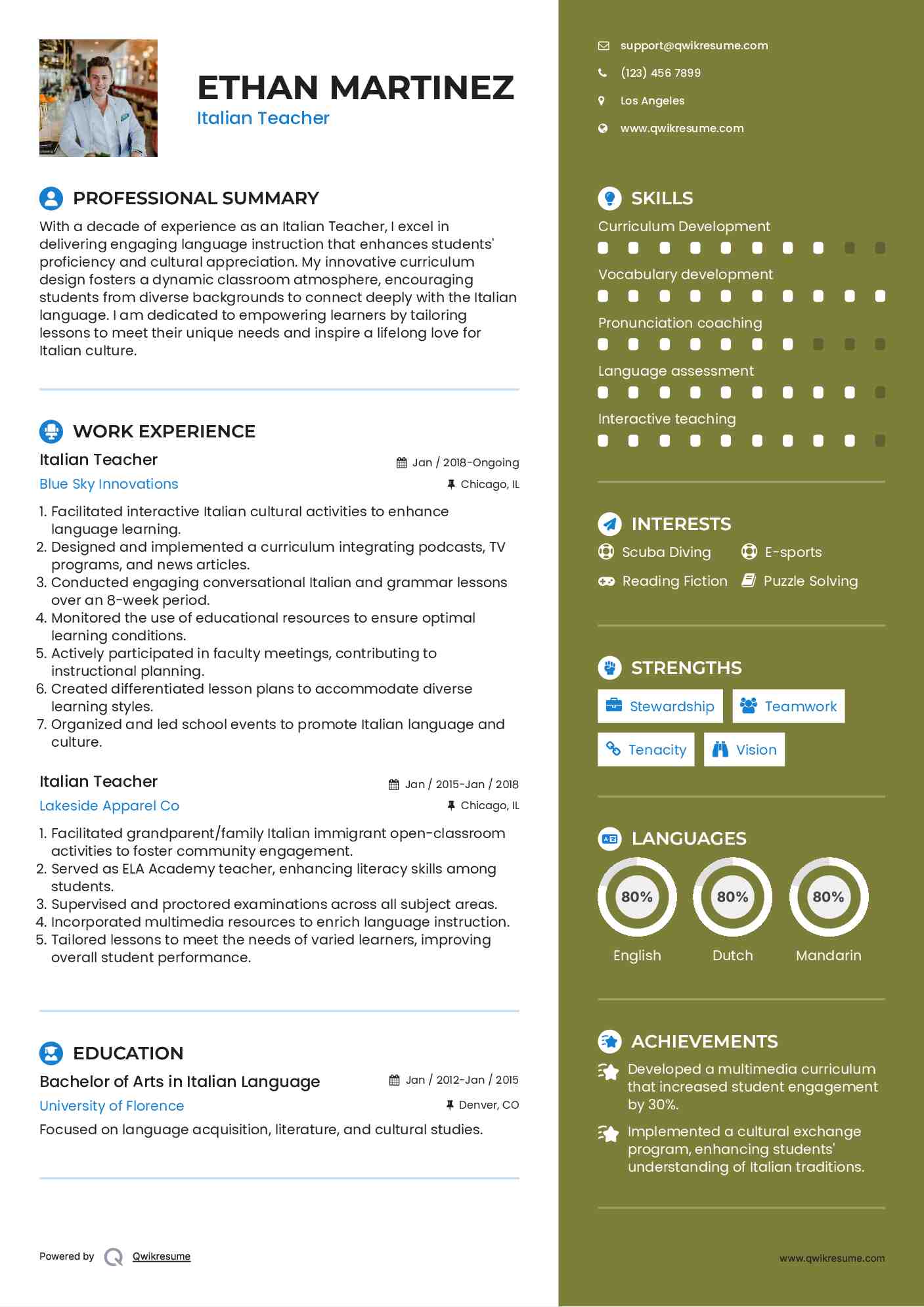 Italian Teacher Resume Sample