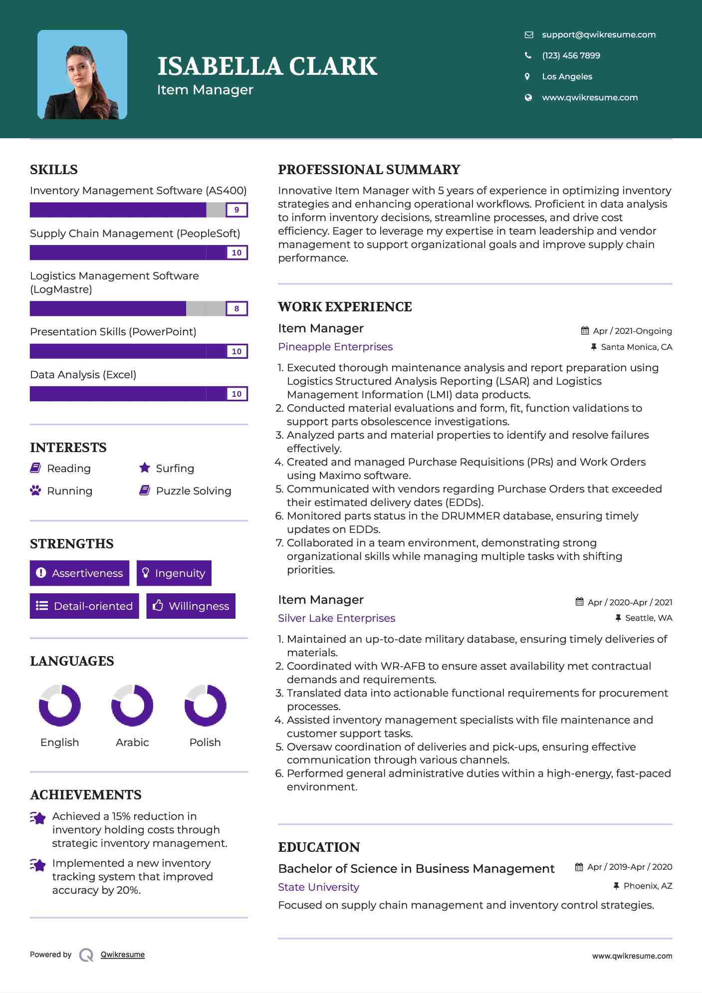 Item Manager Resume Format