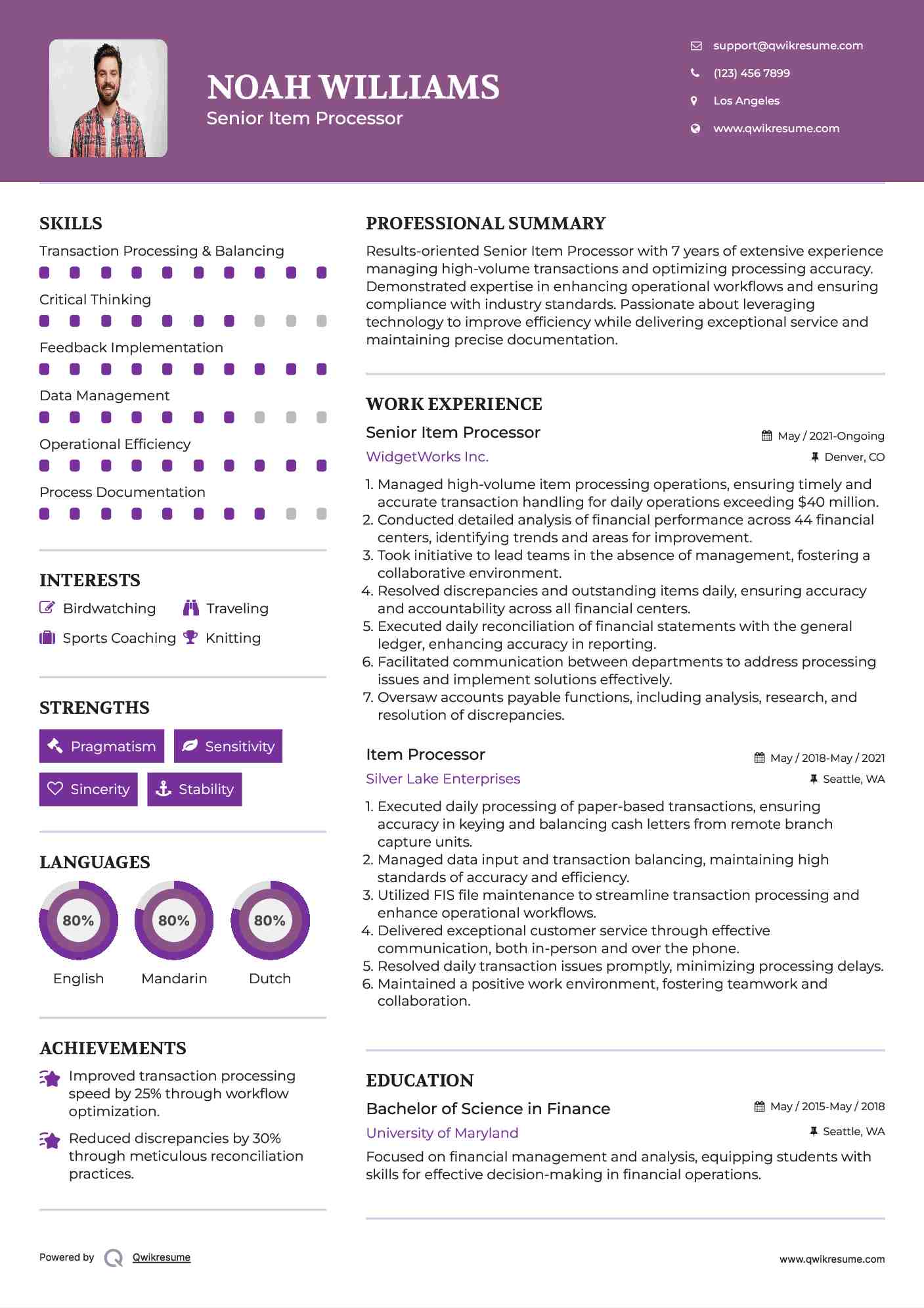 Senior Item Processor  Resume Model