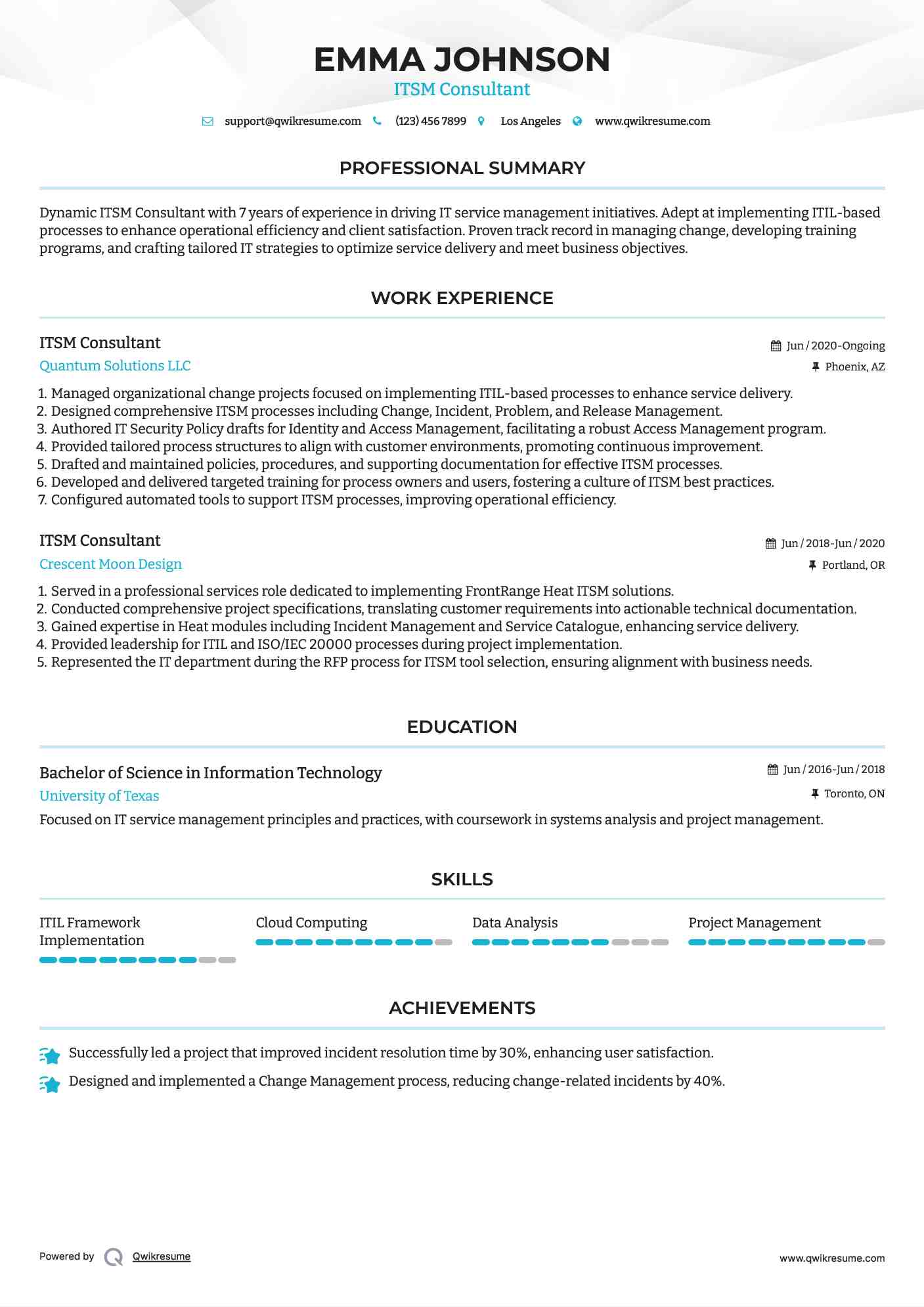 ITSM Consultant Resume Sample