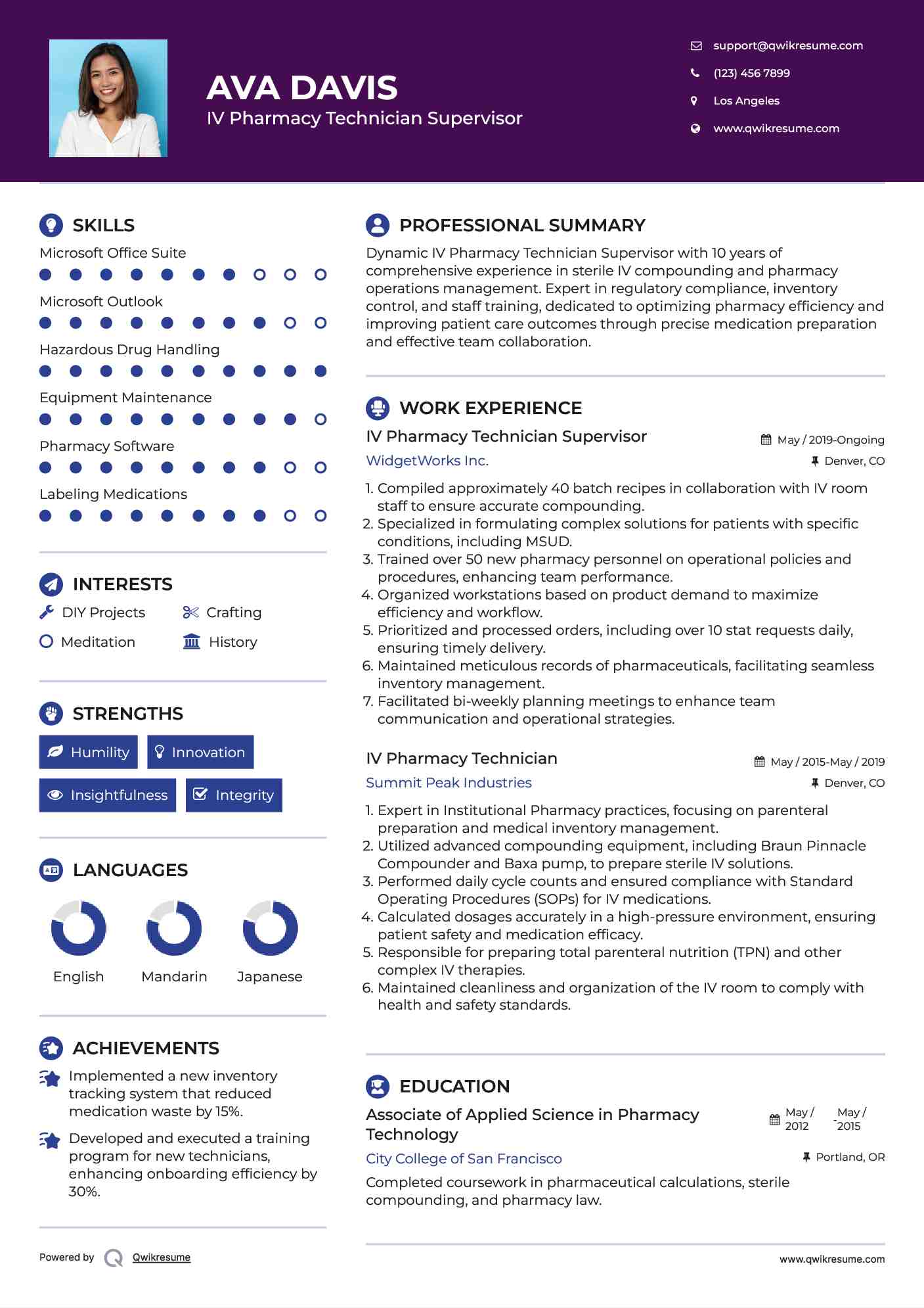 IV Pharmacy Technician Supervisor Resume Format