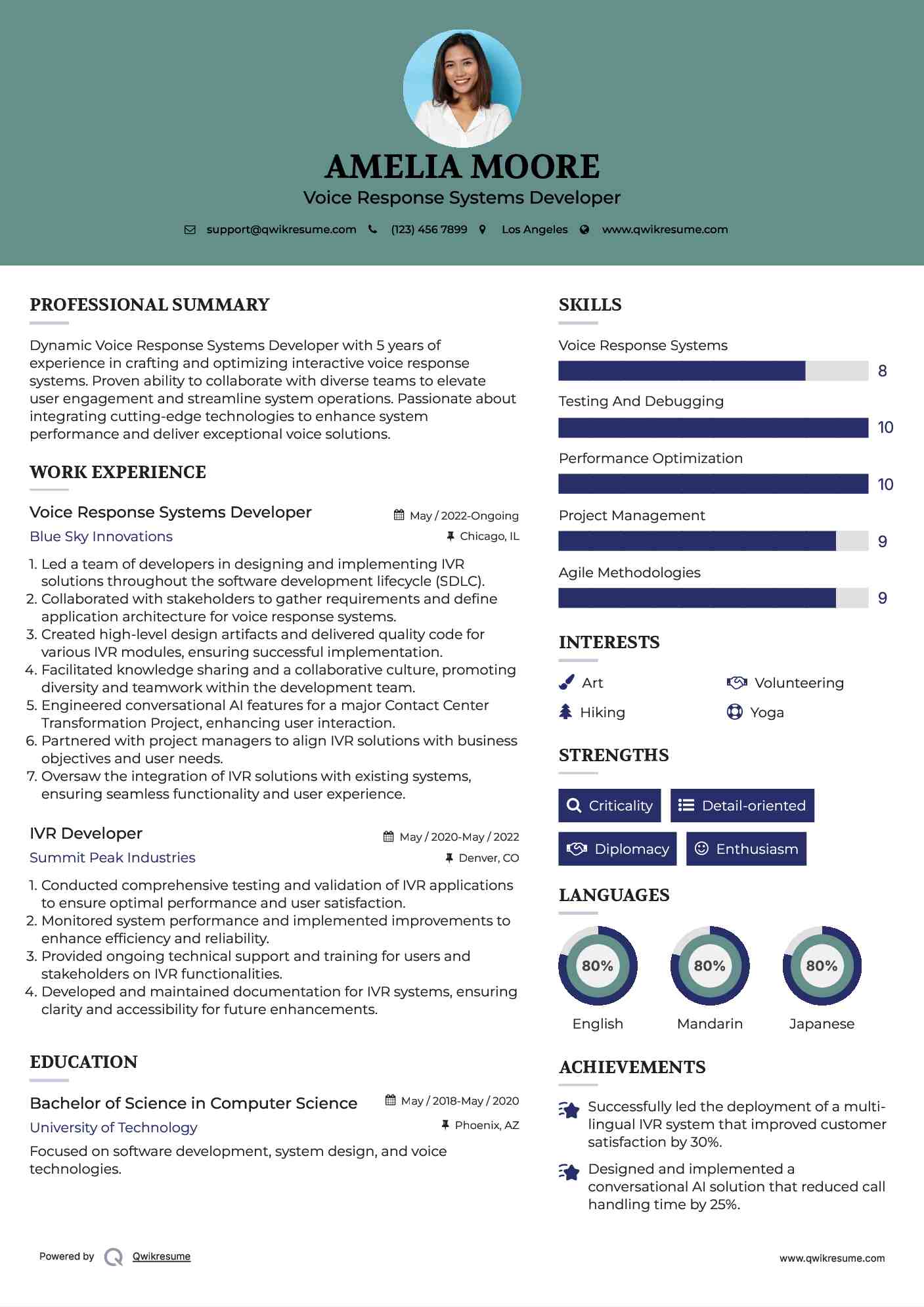 Voice Response Systems Developer Resume Example