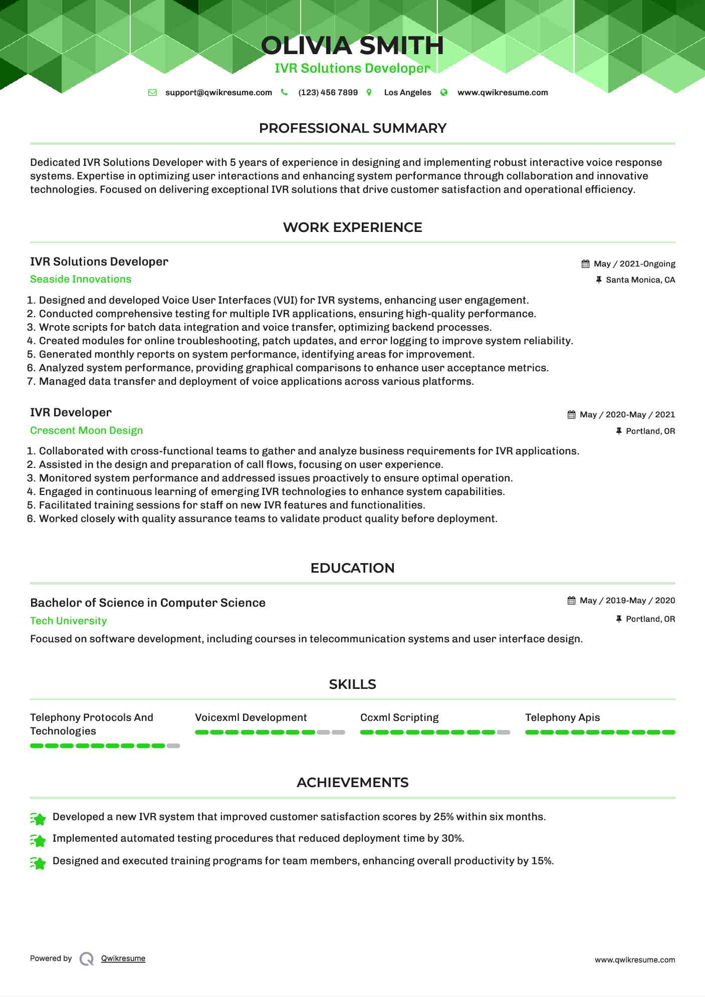 IVR Solutions Developer Resume Sample