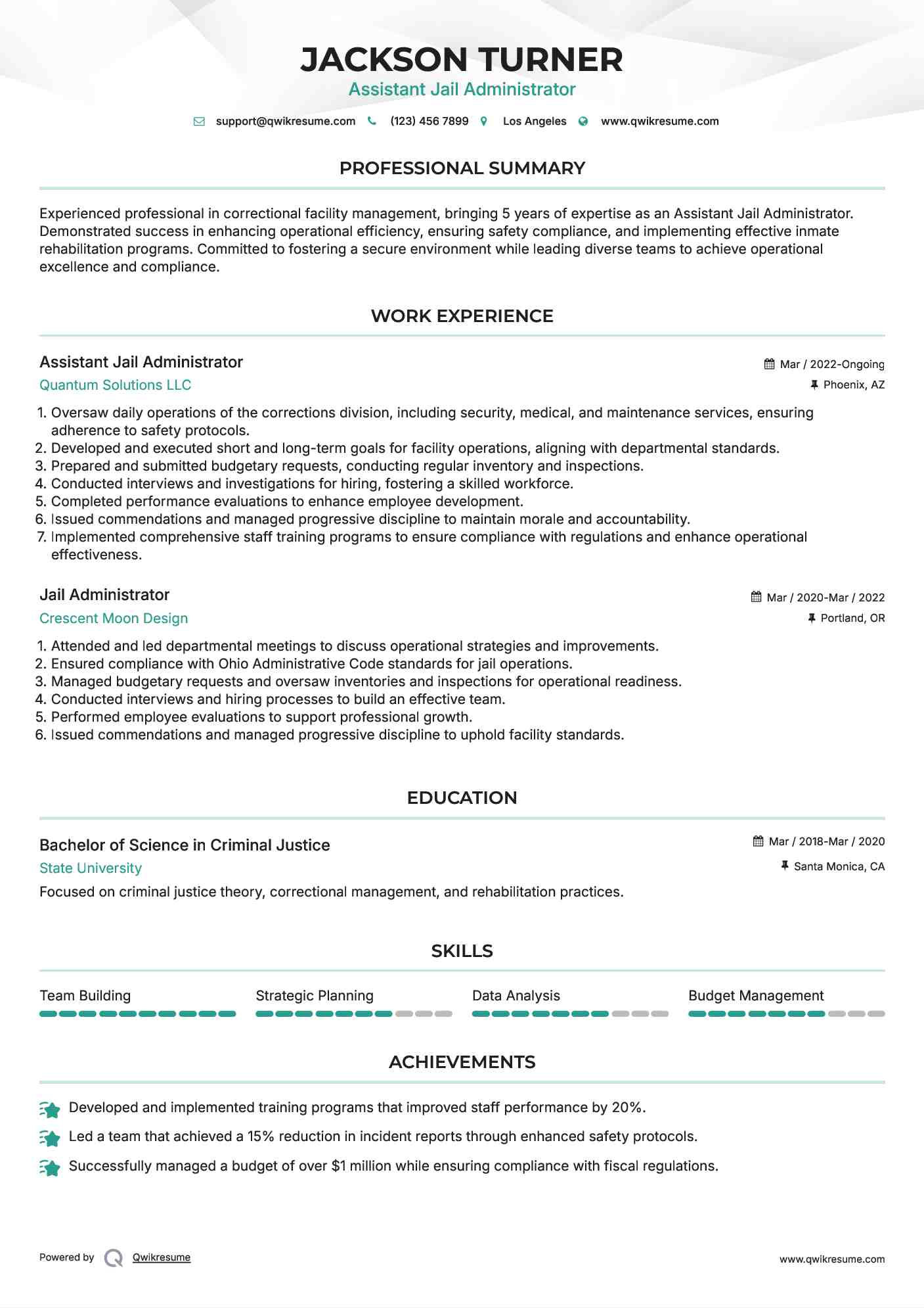 Assistant Jail Administrator Resume Format