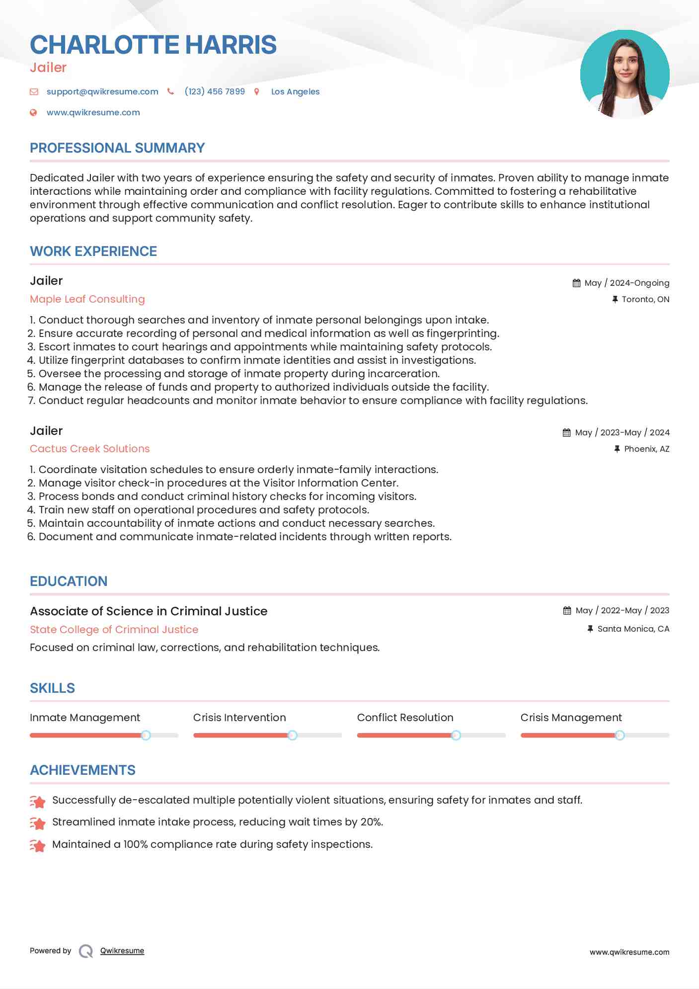 Jailer Resume Sample