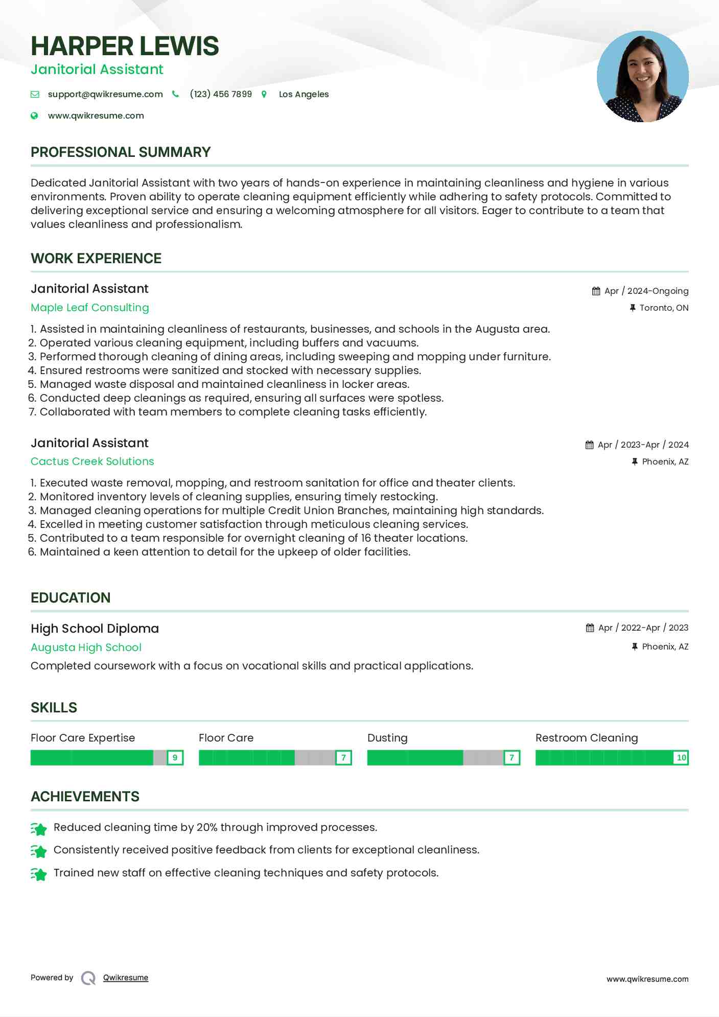 Janitorial Assistant Resume Example