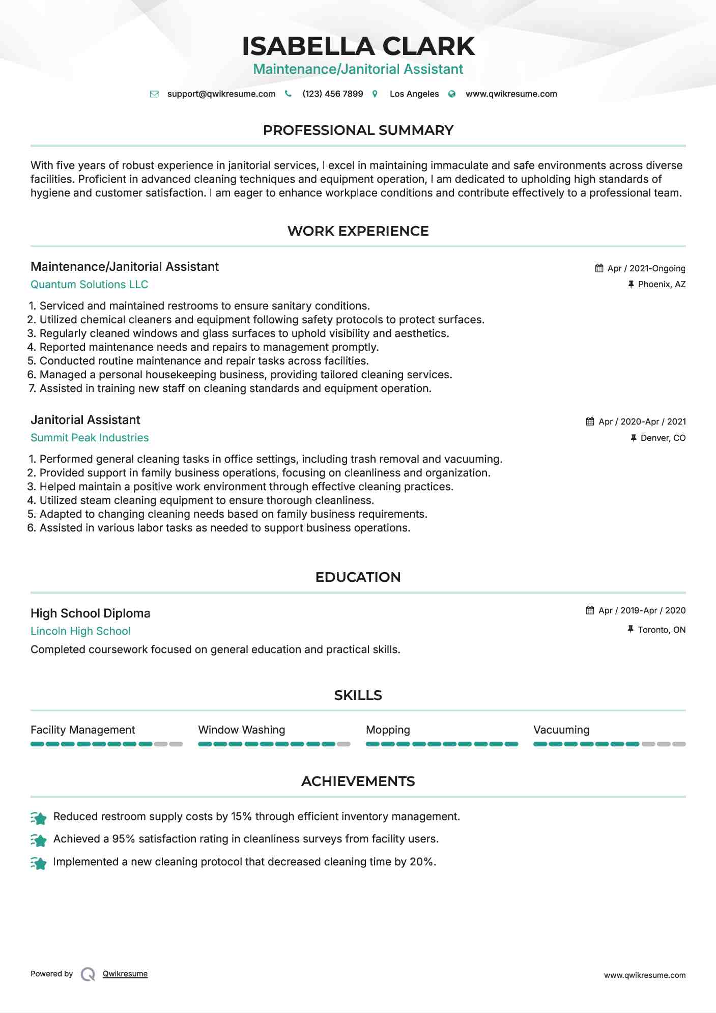 Maintenance/Janitorial Assistant Resume Model