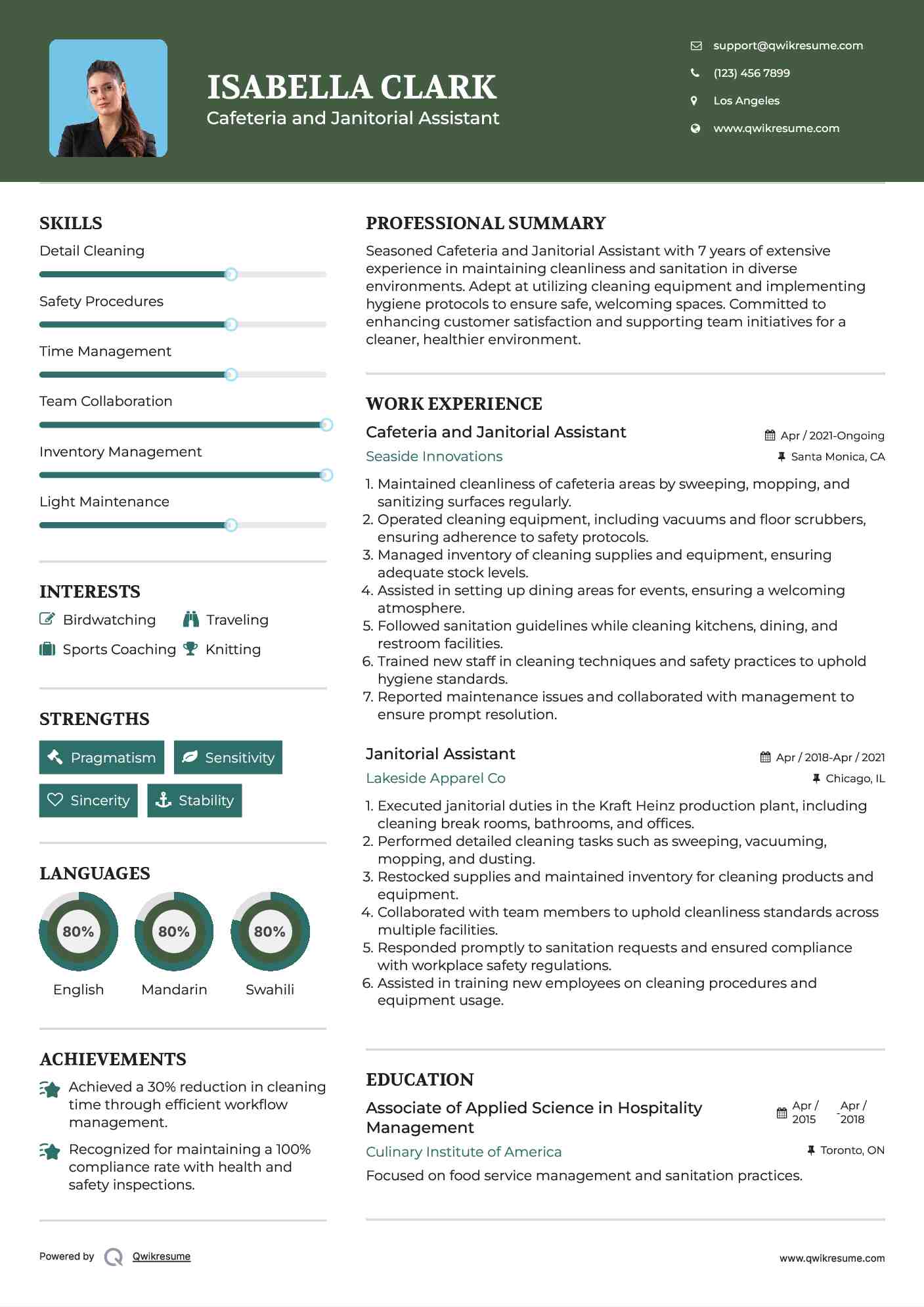 Cafeteria and Janitorial Assistant
 Resume Format