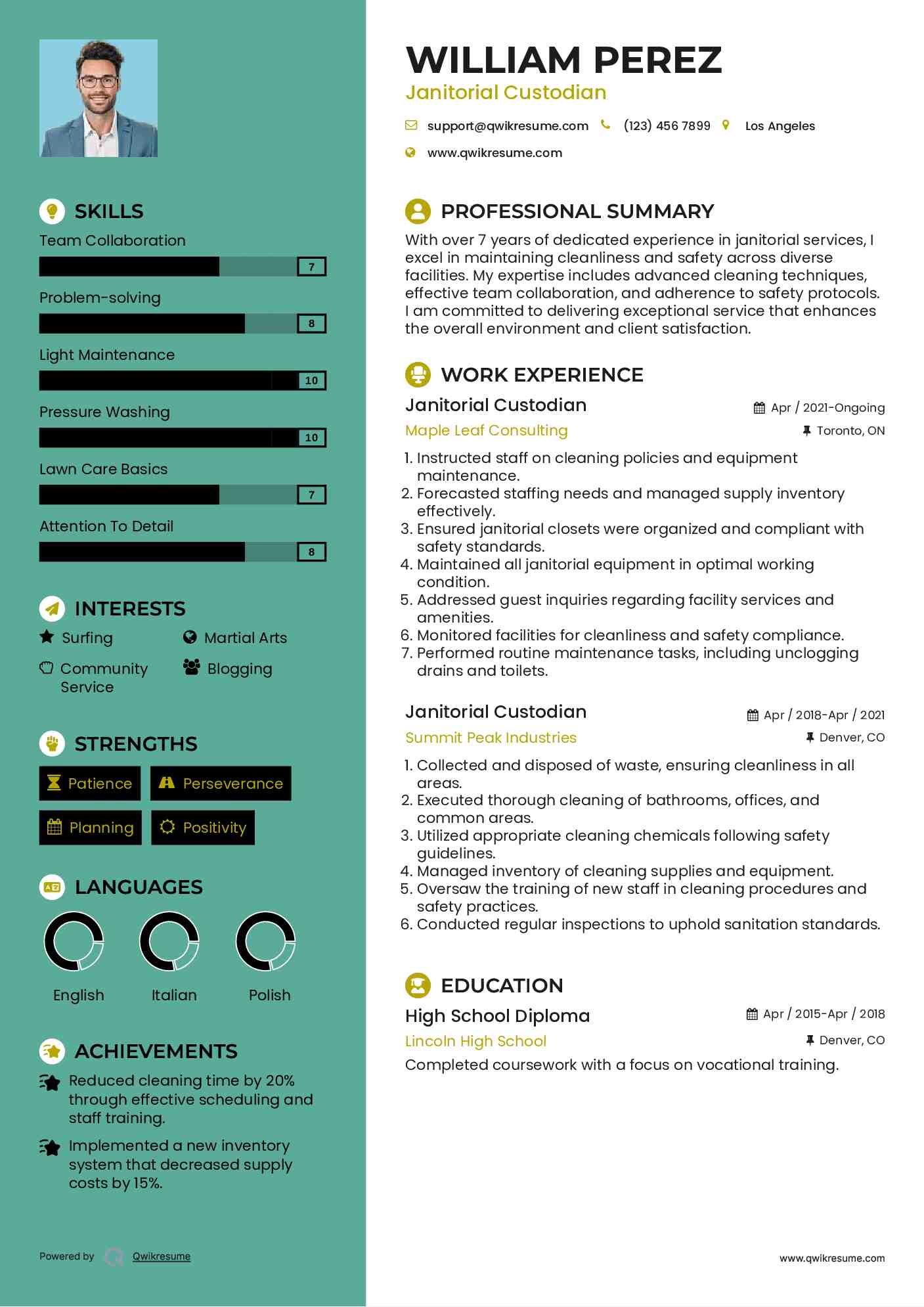 Janitorial Custodian Resume Template