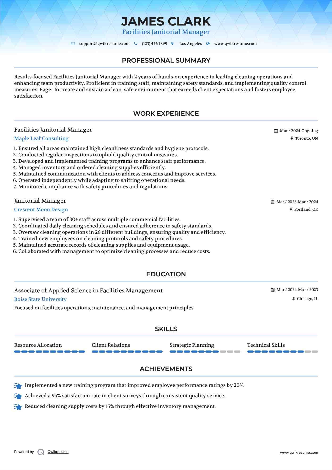 Janitorial Manager Resume Samples QwikResume