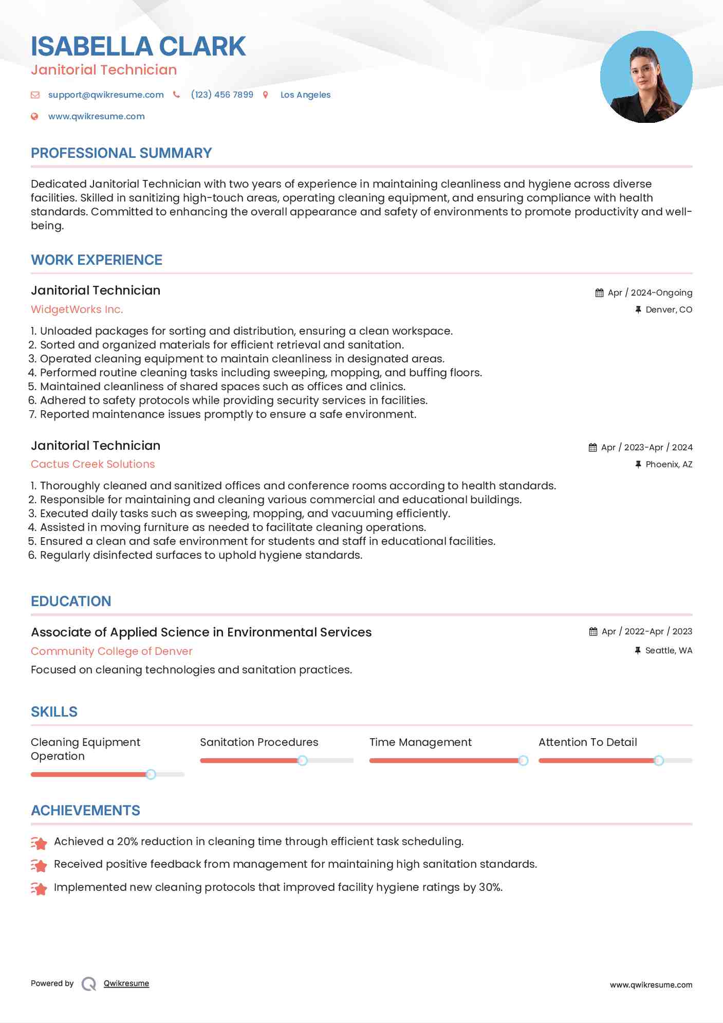 Janitorial Technician Resume Sample