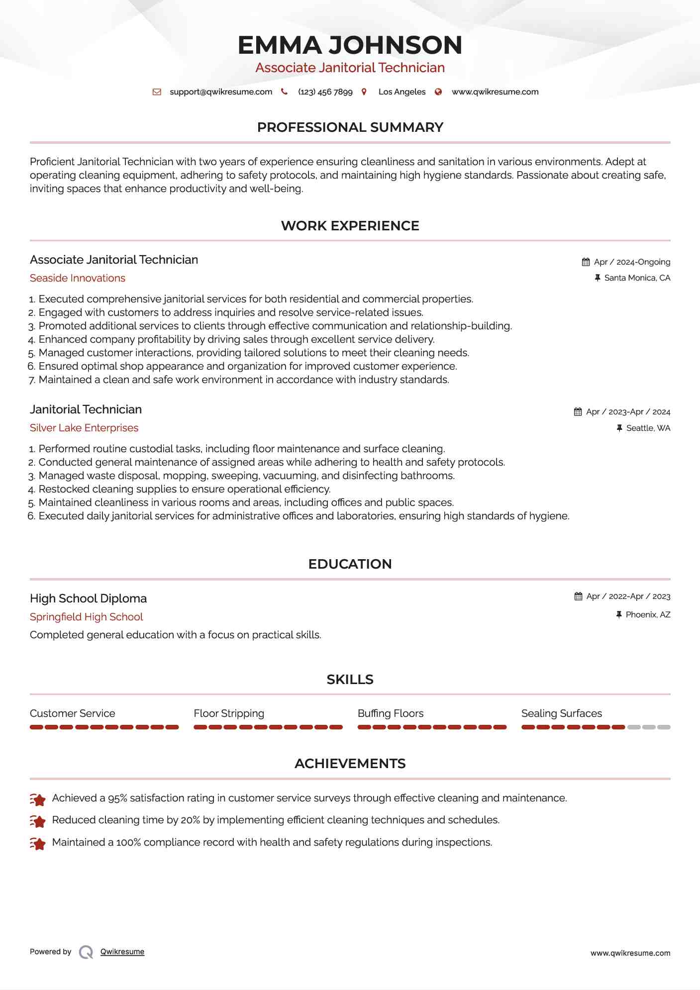 Associate Janitorial Technician Resume Format