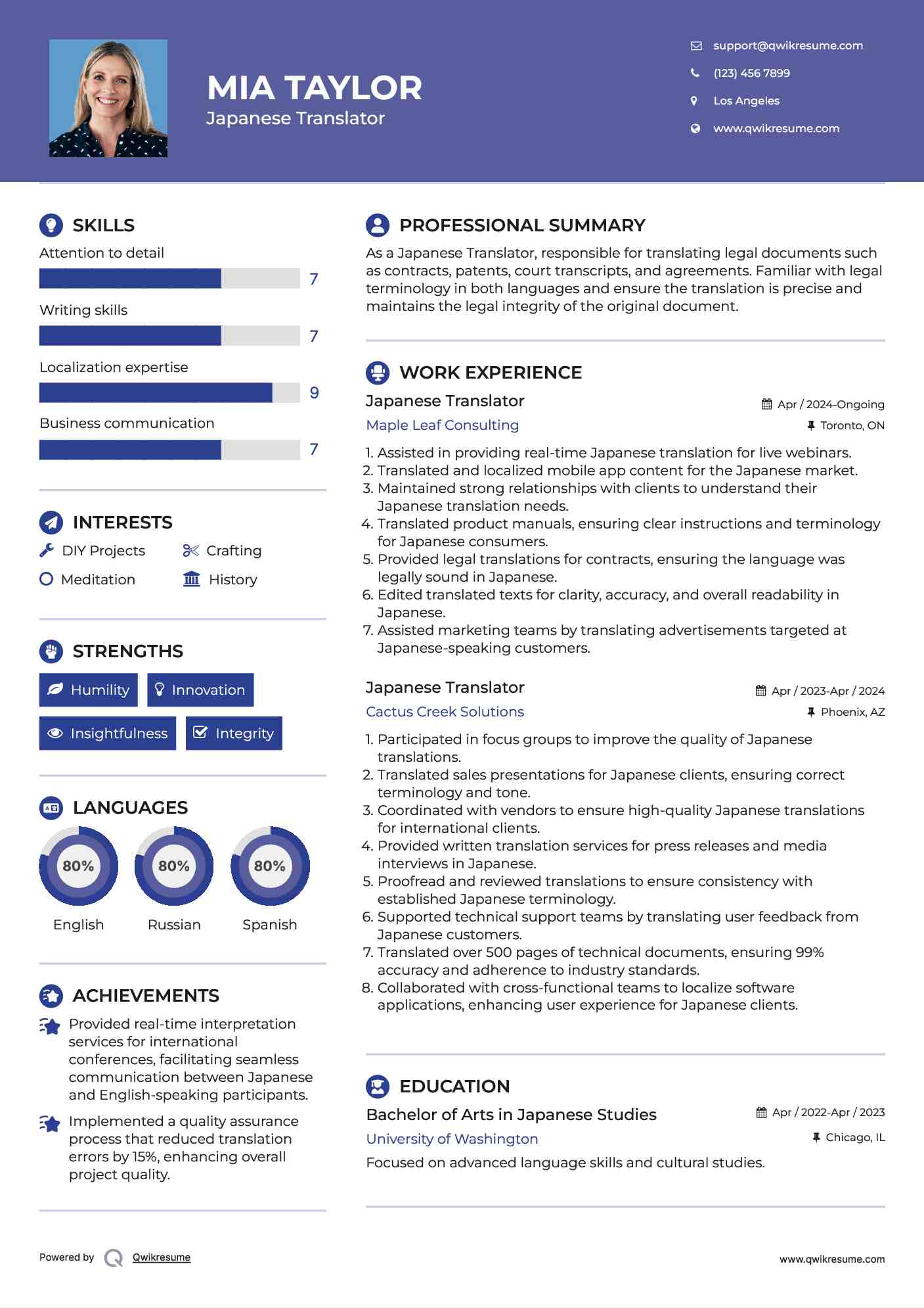 Japanese Translator Resume Sample