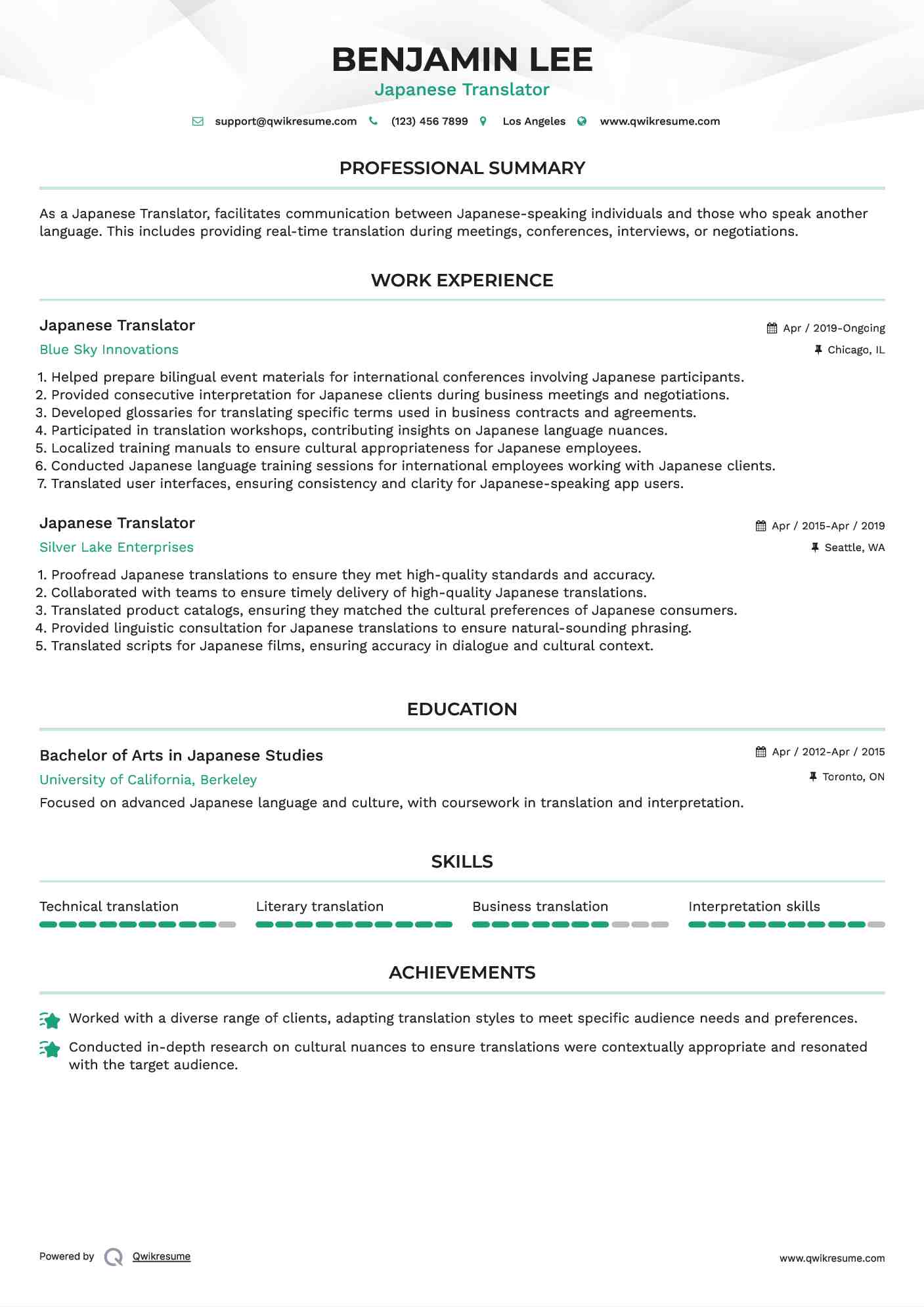 Japanese Translator Resume Model