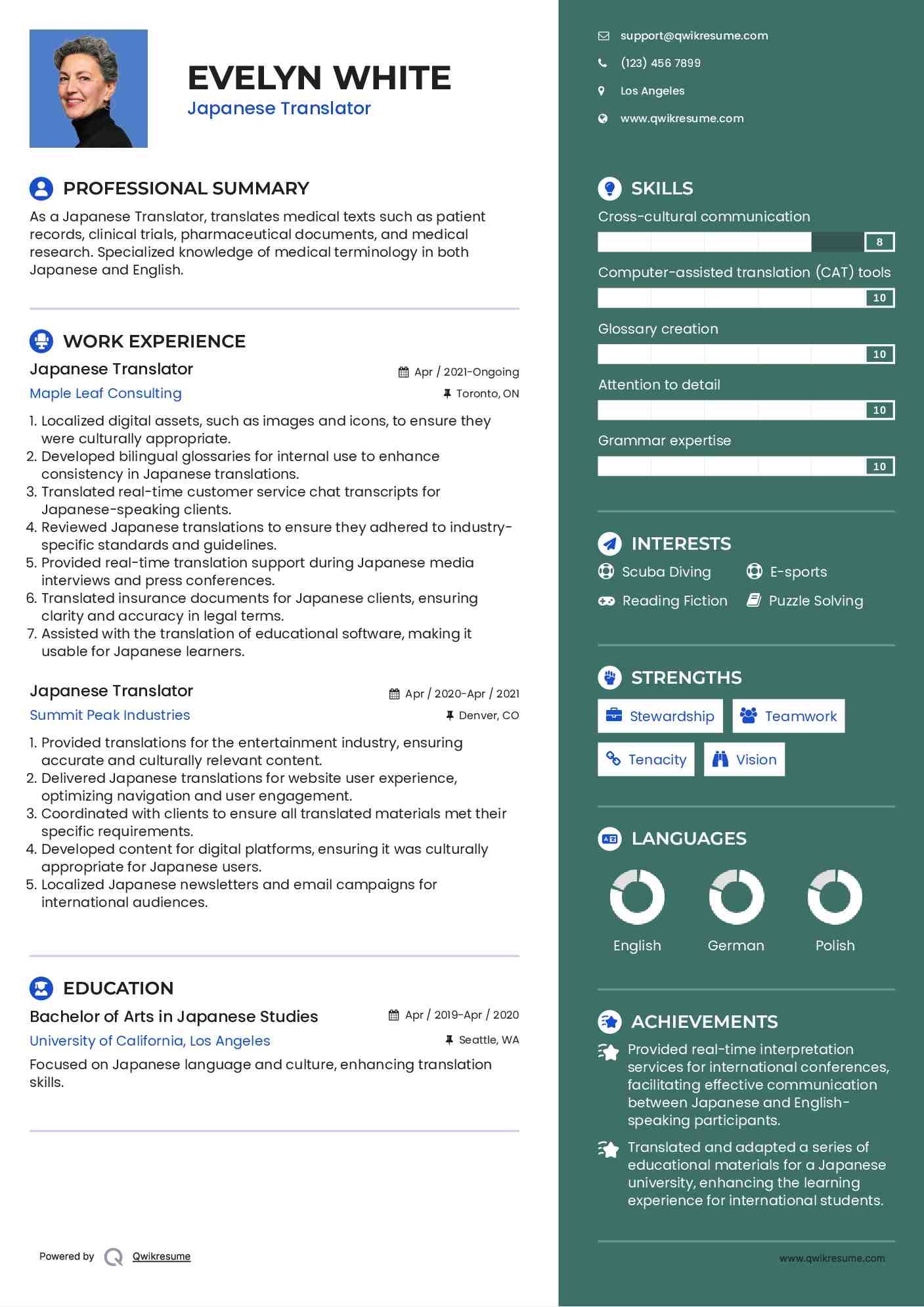 Japanese Translator Resume Example