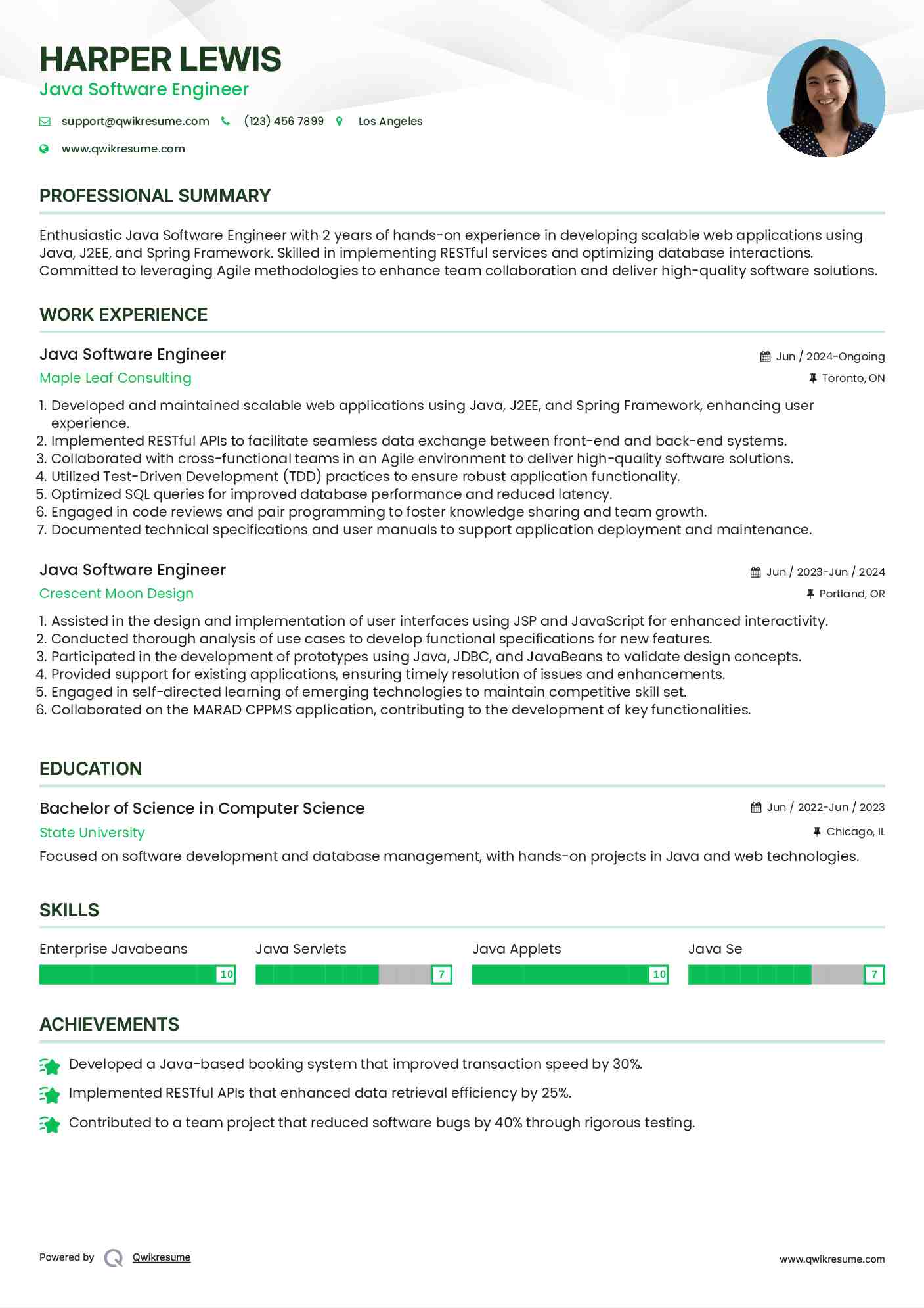 resume java server side california