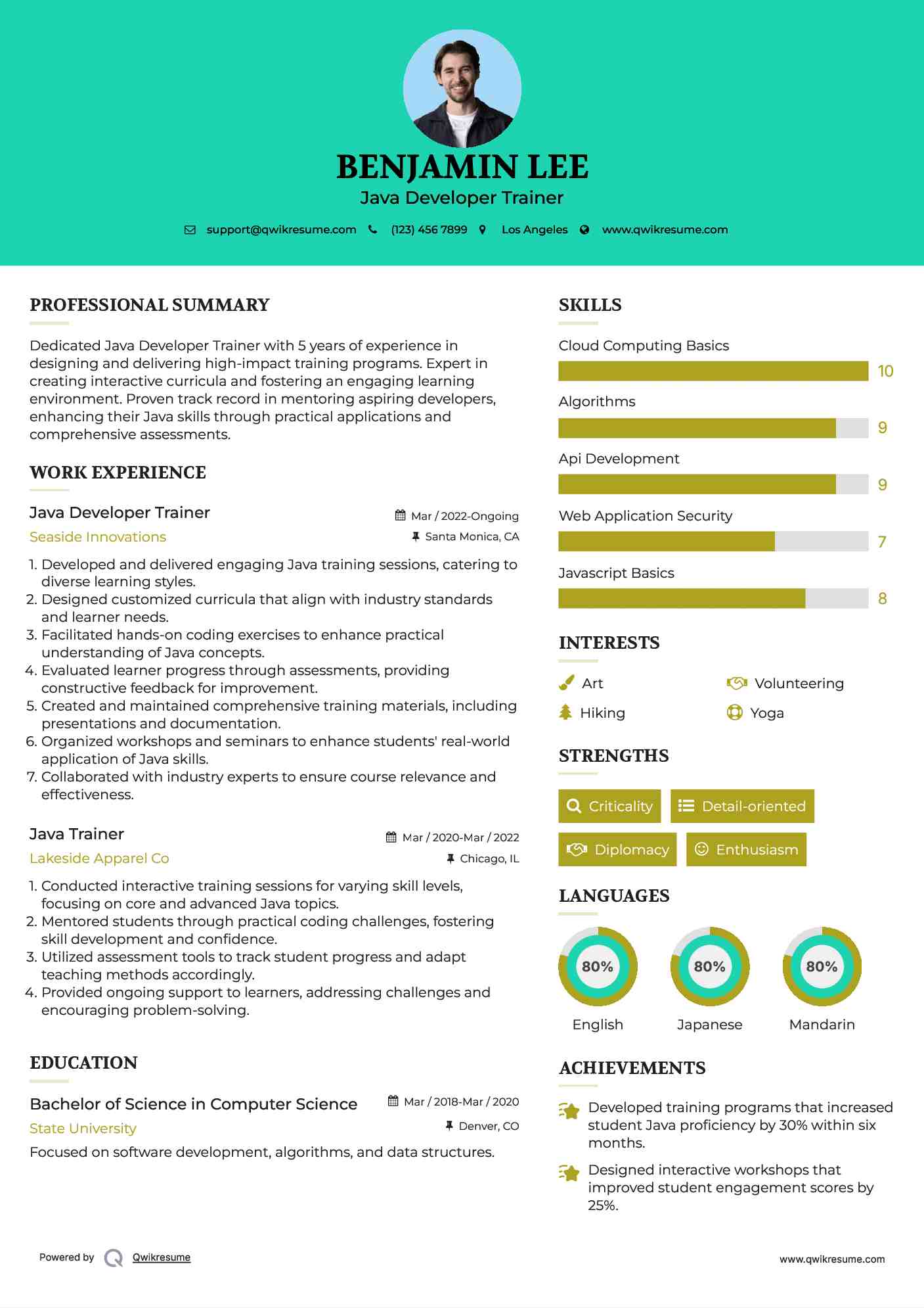 Java Developer Trainer
 Resume Format