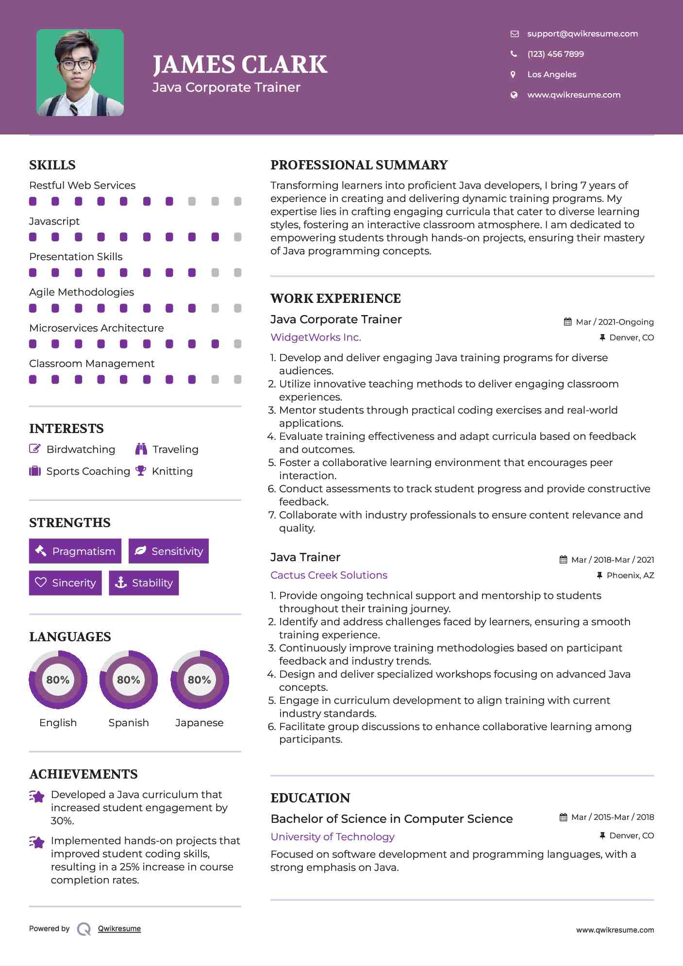 Java Corporate Trainer
 Resume Format