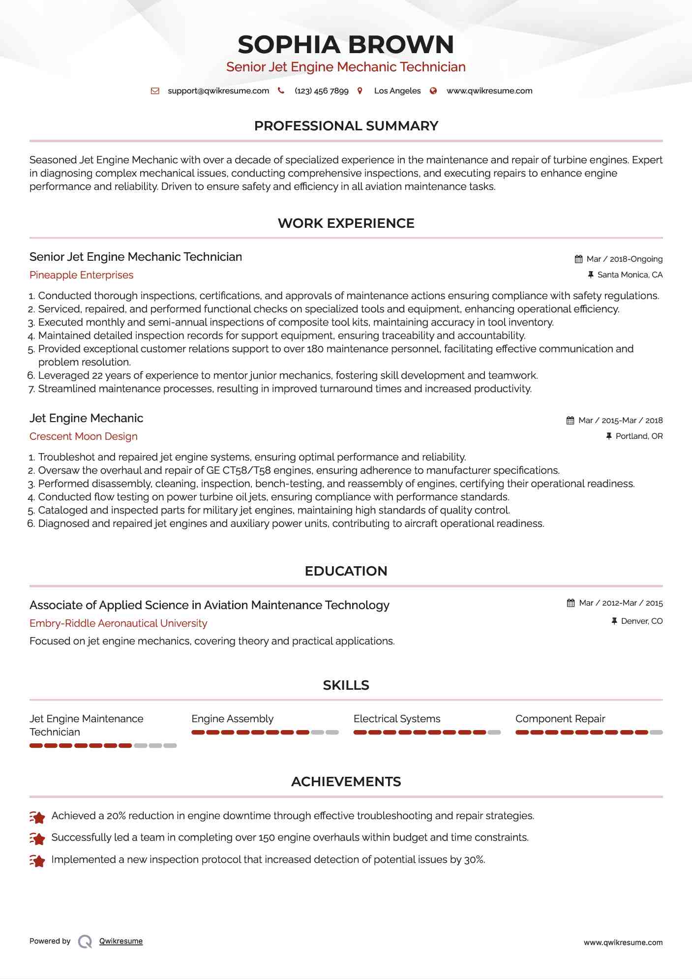 Senior Jet Engine Mechanic Technician Resume Format