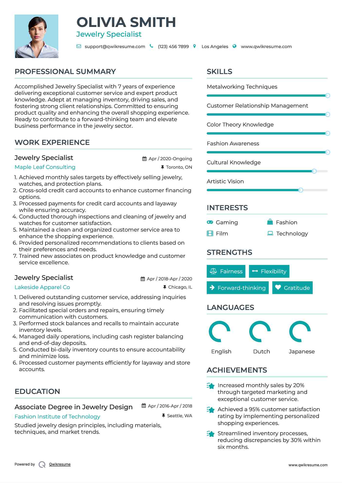 Jewelry Specialist Resume Sample