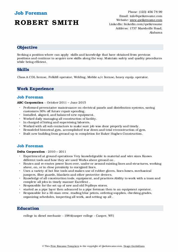 Job Foreman Resume Samples QwikResume - Job Foreman 1586237669 Pdf 