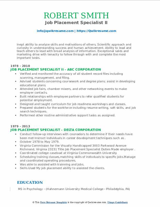 Job Placement Specialist Resume Samples QwikResume