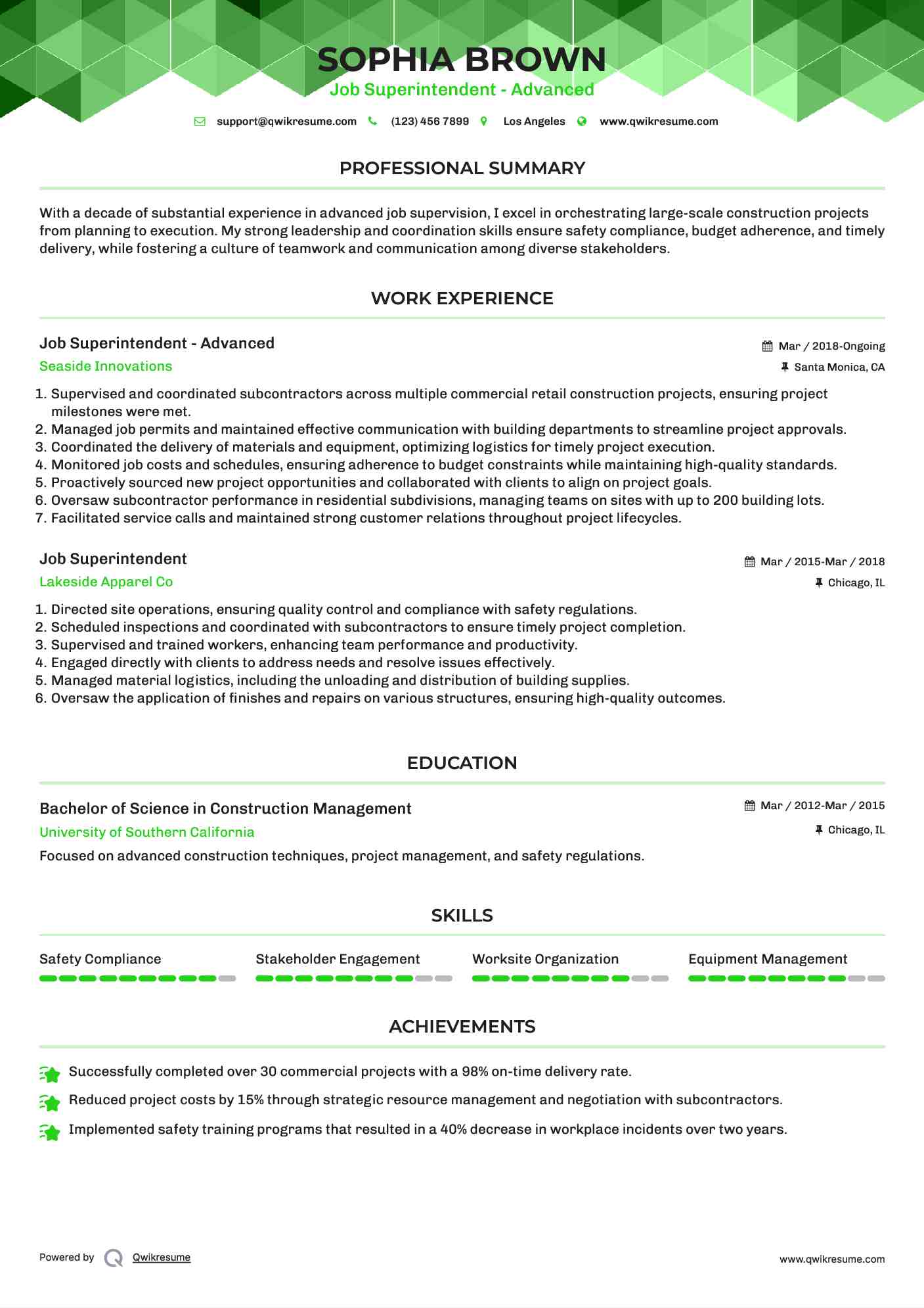 Job Superintendent - Advanced Resume Sample