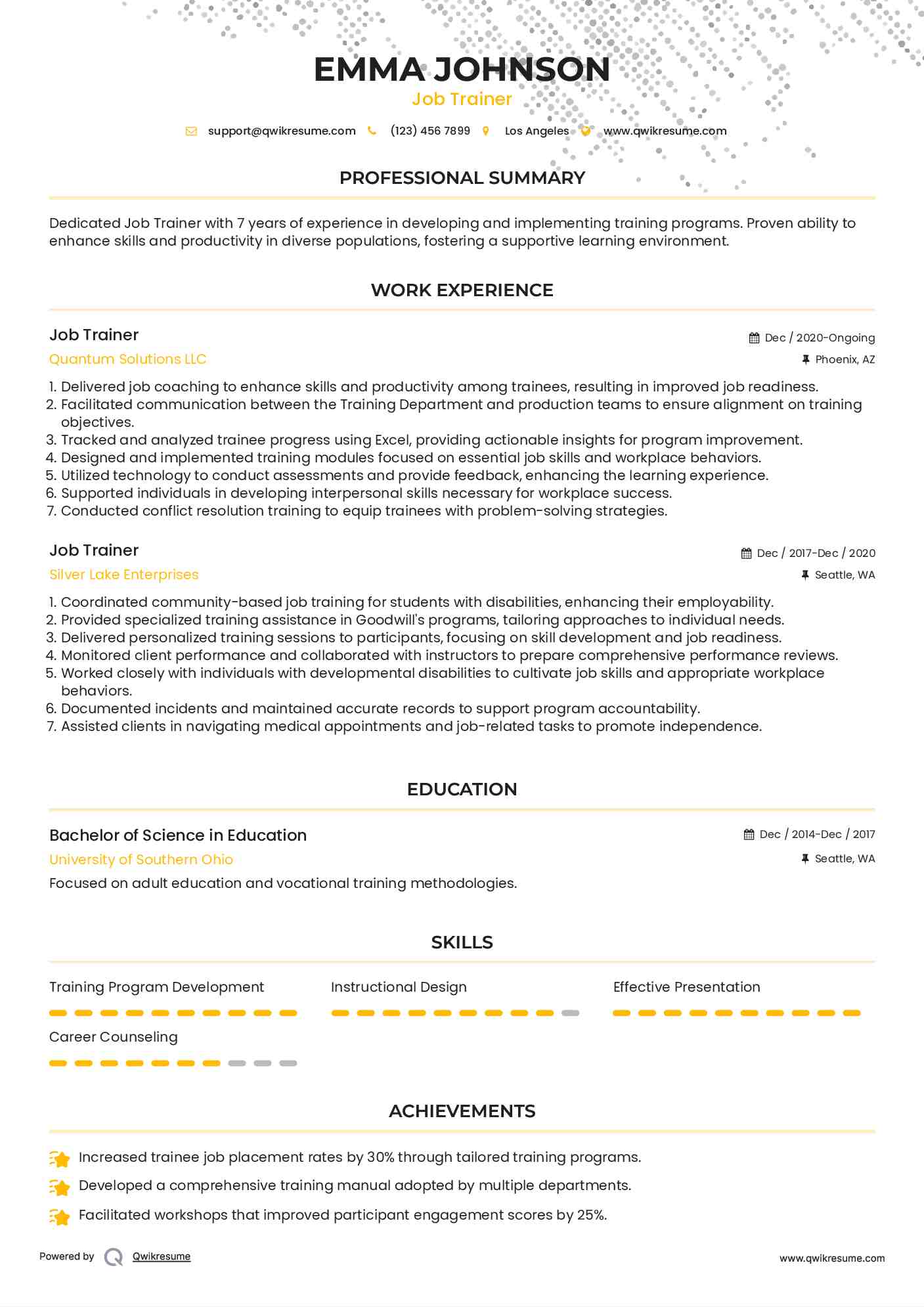Job Trainer Resume Sample