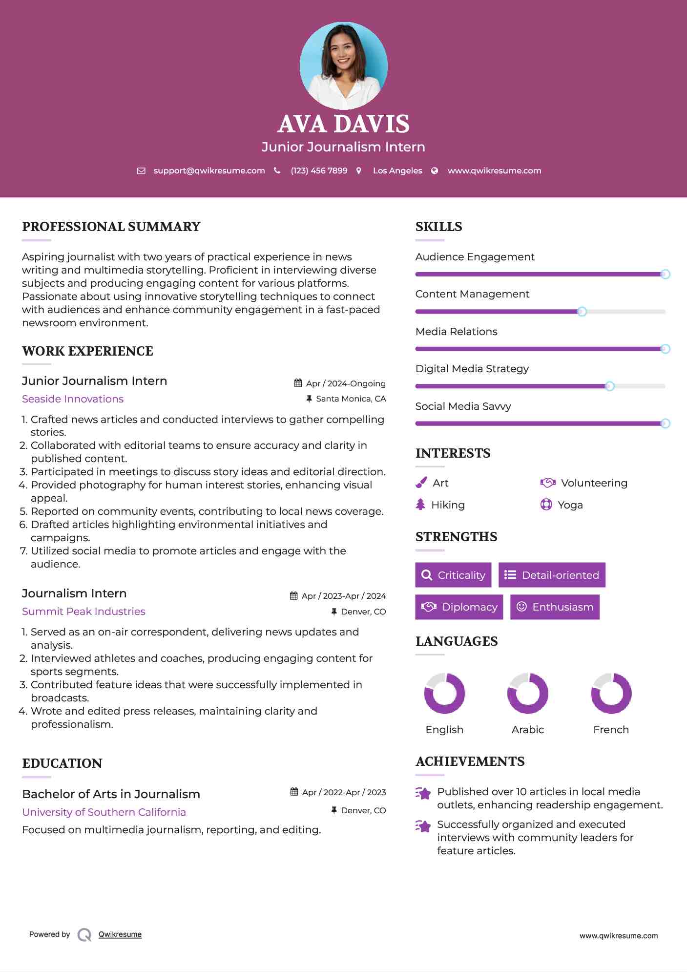Junior Journalism Intern Resume Sample