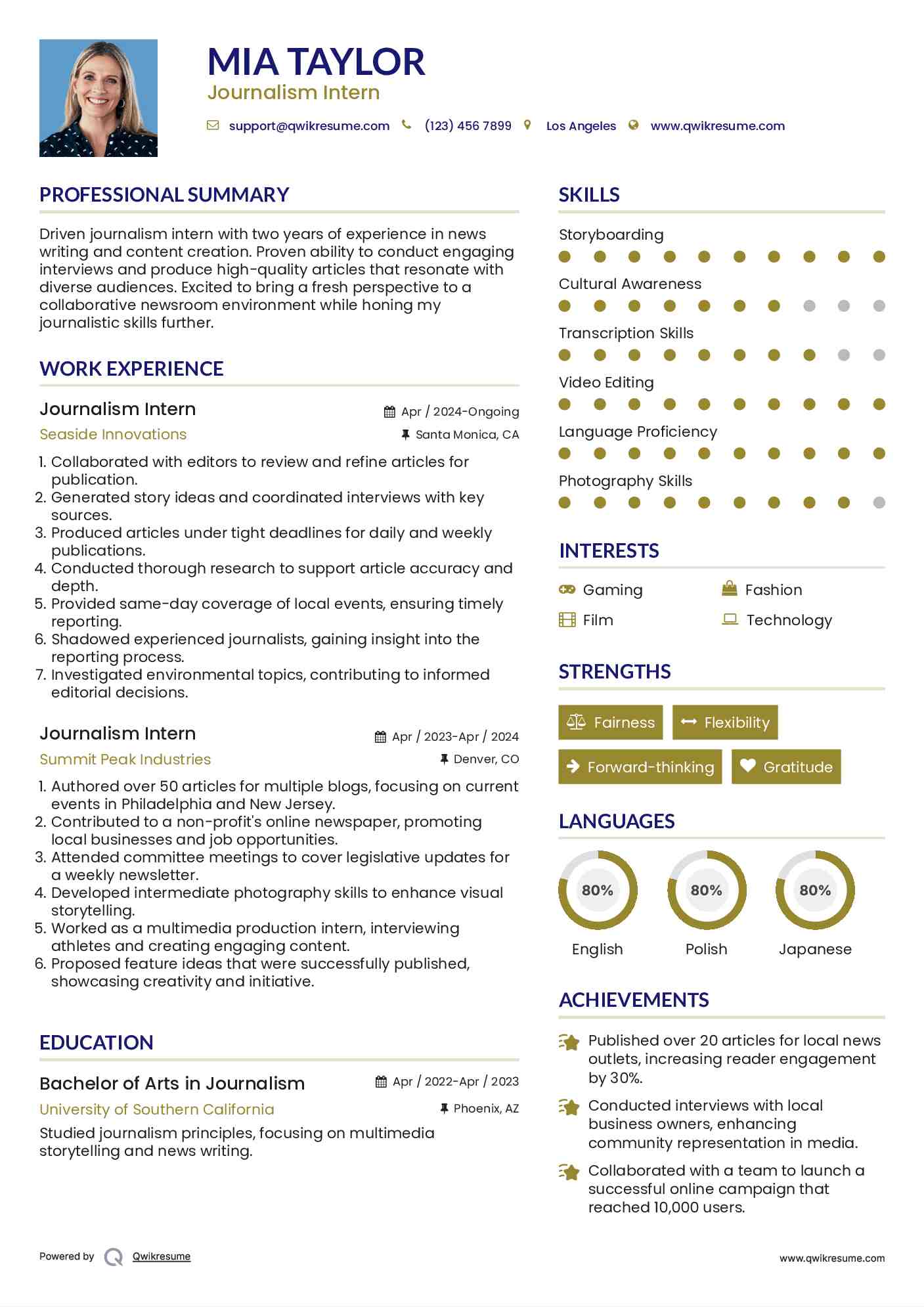 Journalism Intern Resume Example