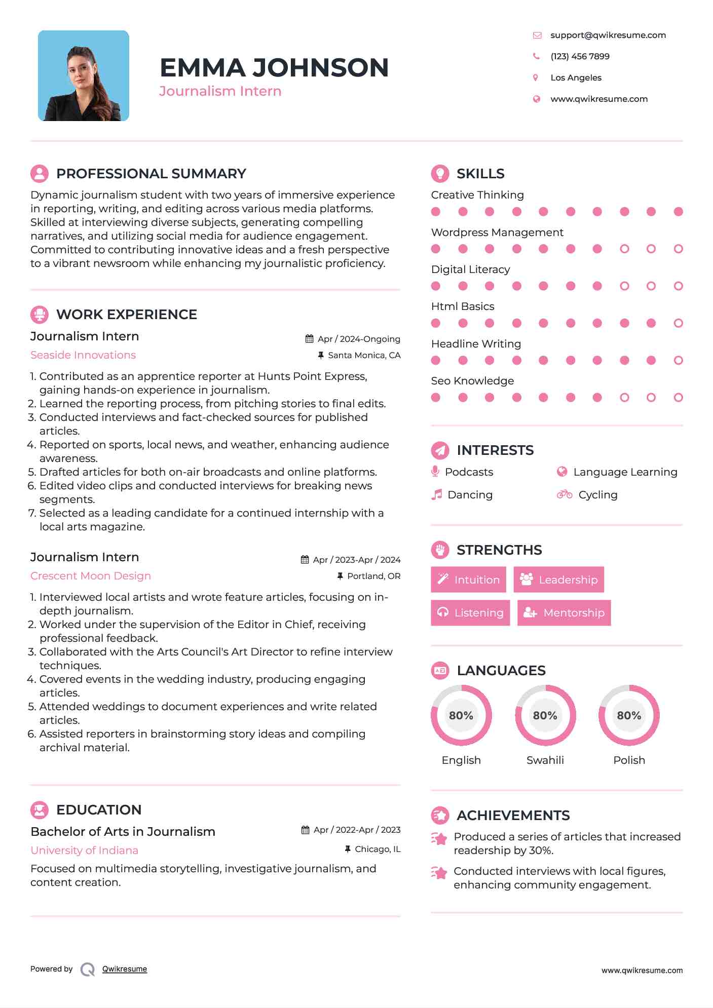 Journalism Intern Resume Example