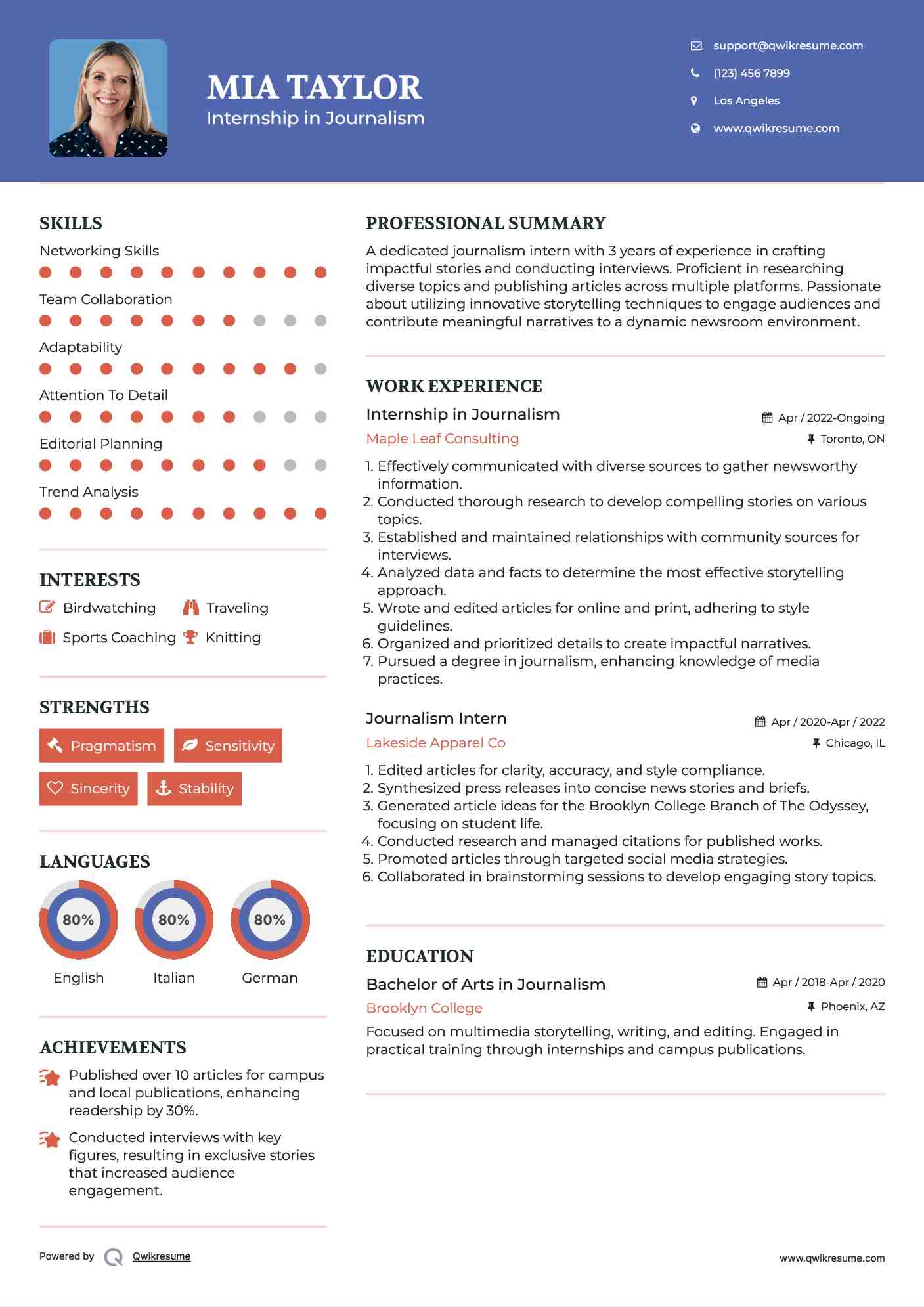 Internship in Journalism Resume Sample
