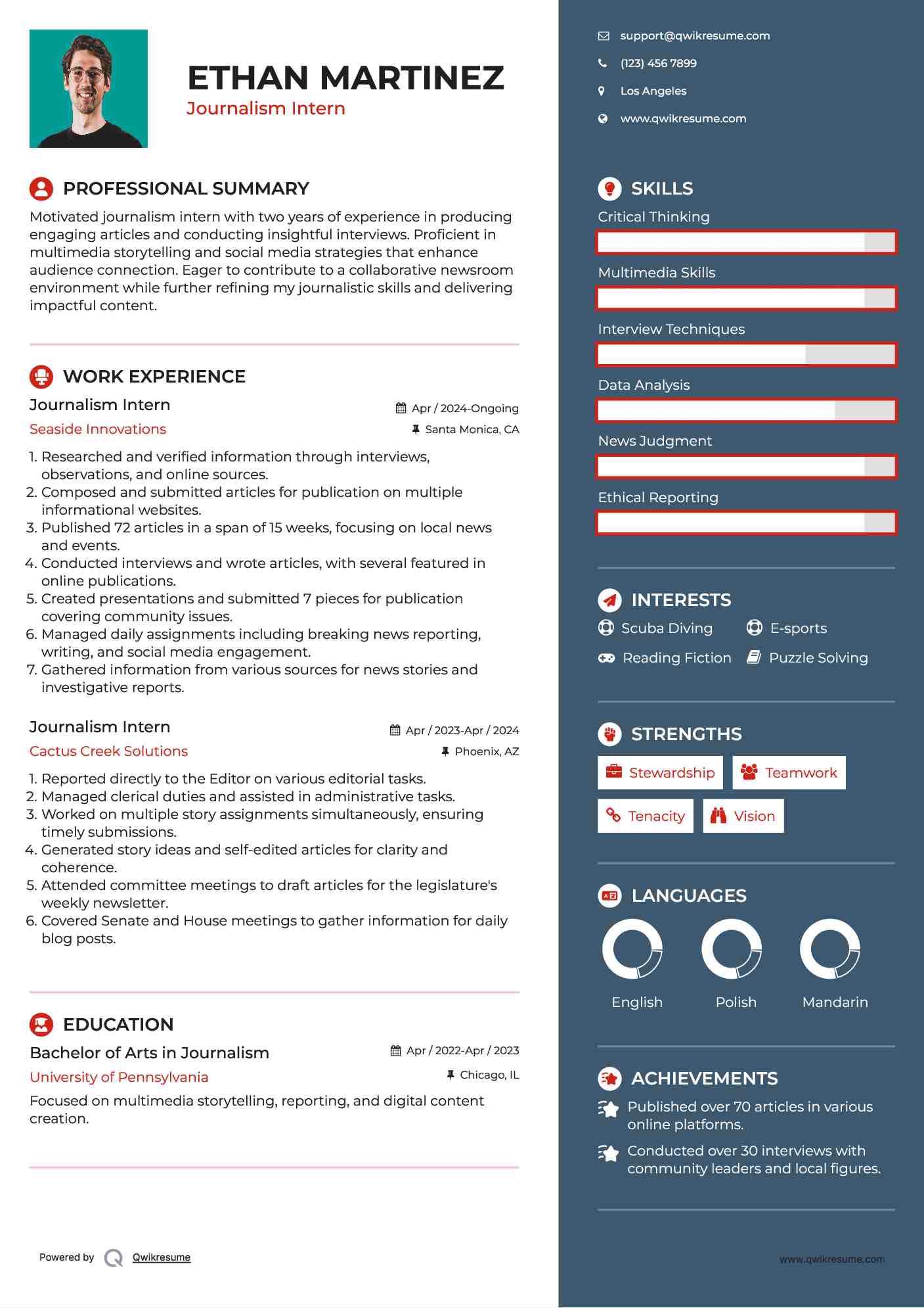 Journalism Intern Resume Sample