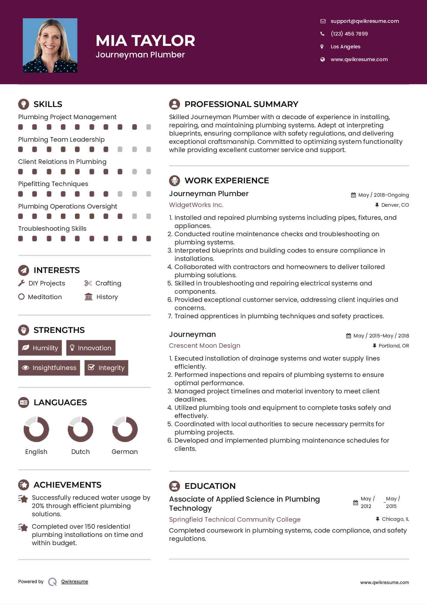 Journeyman Plumber Resume Example