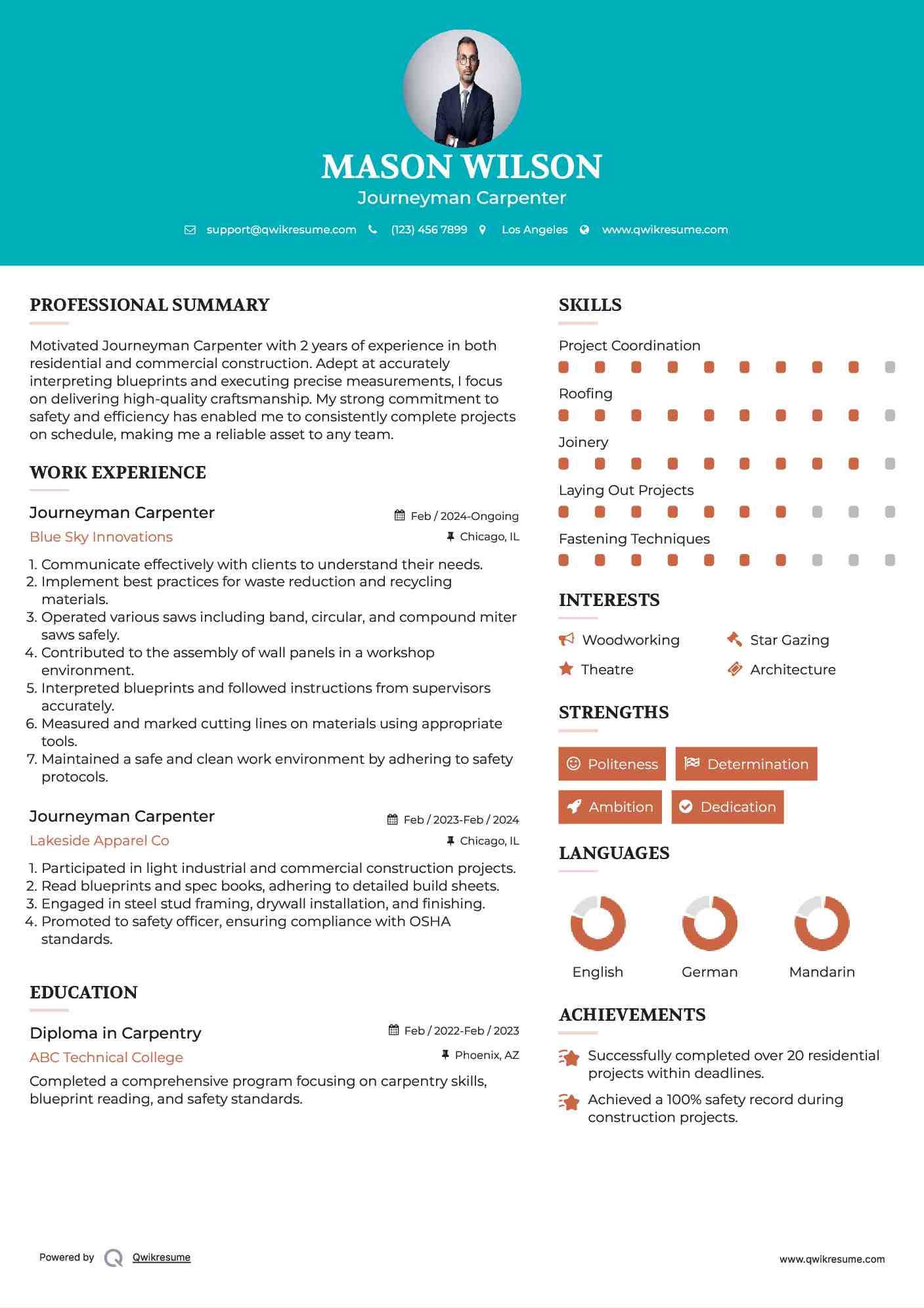 Journeyman Carpenter Resume Model