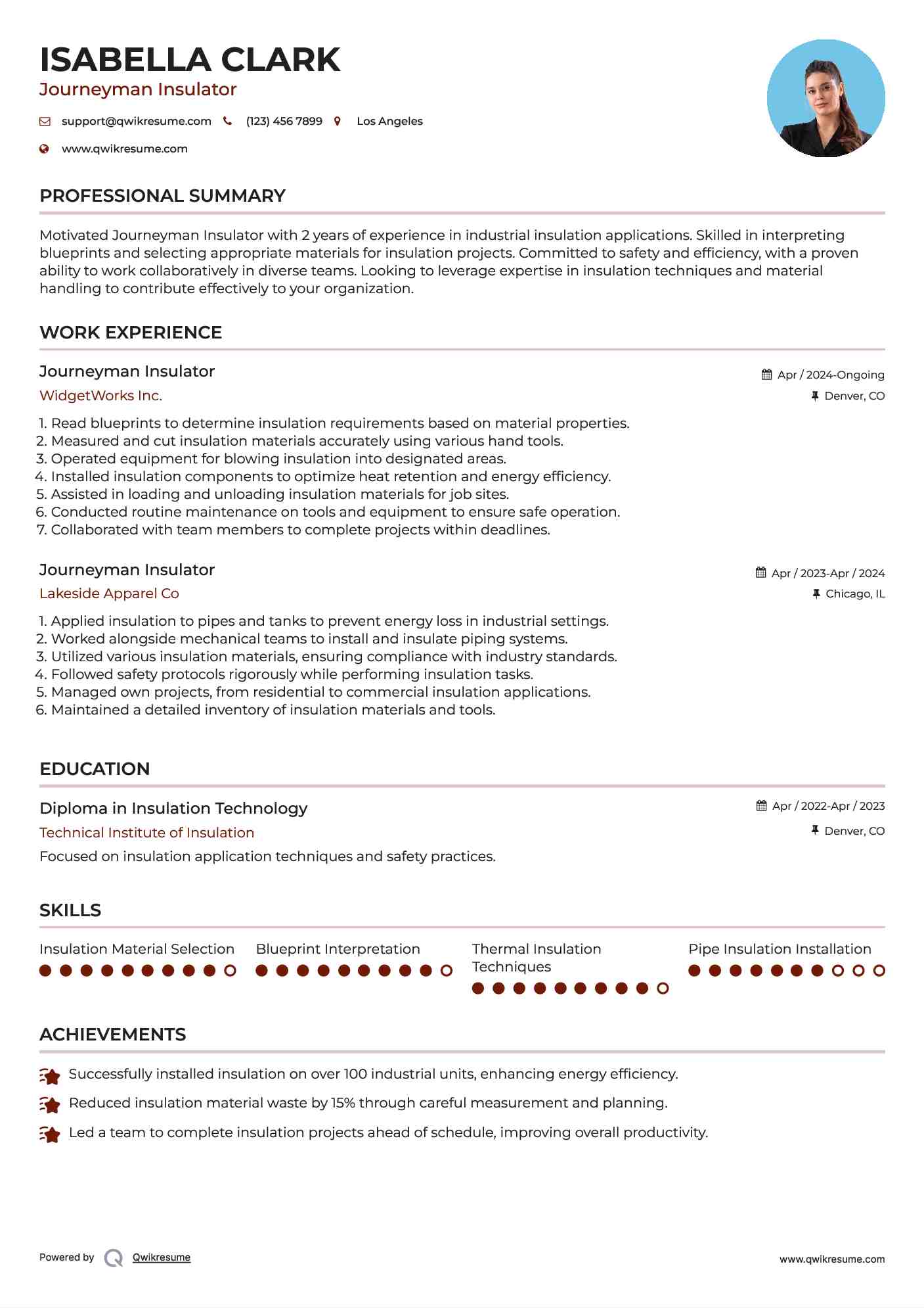 Journeyman Insulator Resume Samples QwikResume