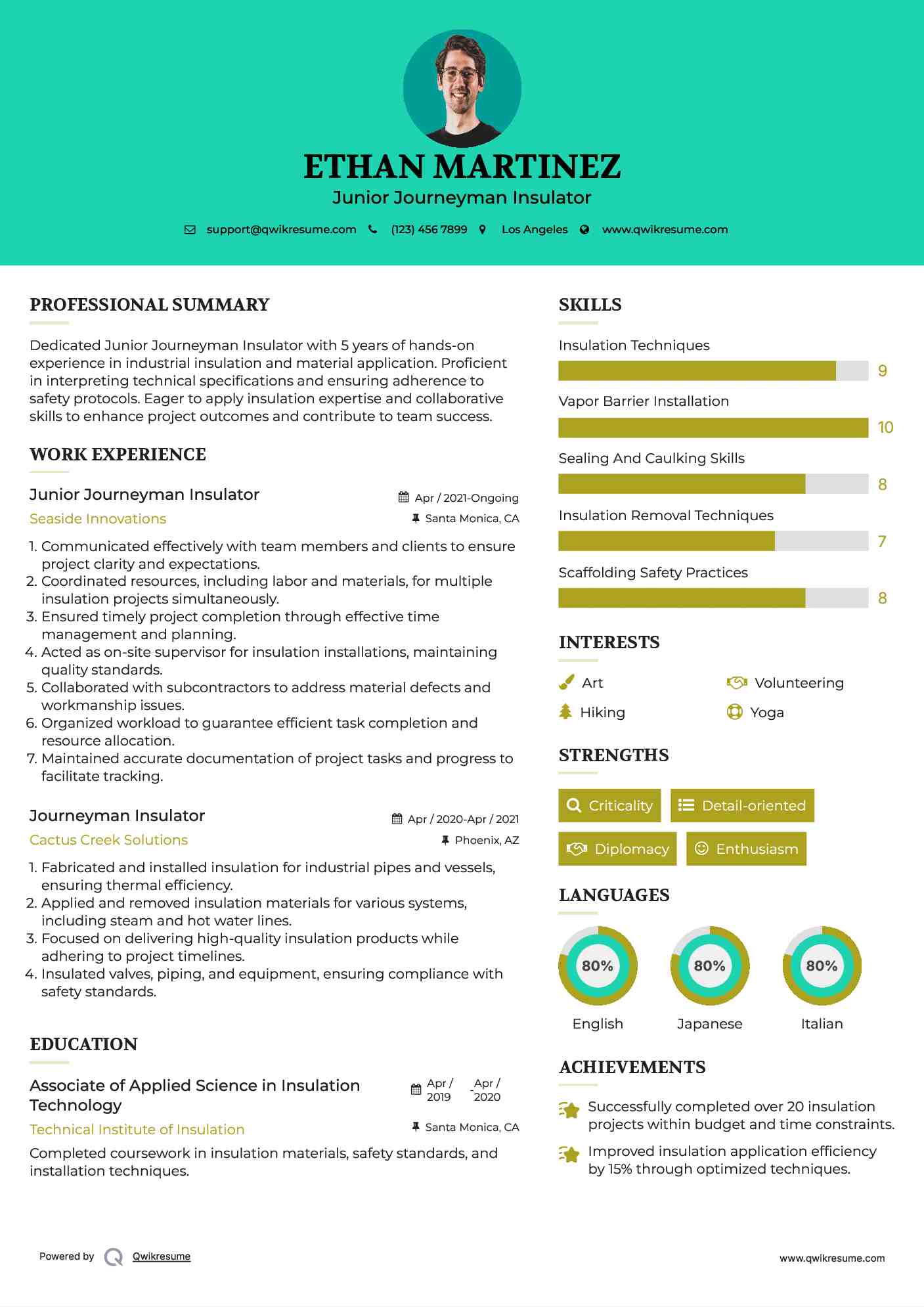 Journeyman Insulator Resume Samples QwikResume