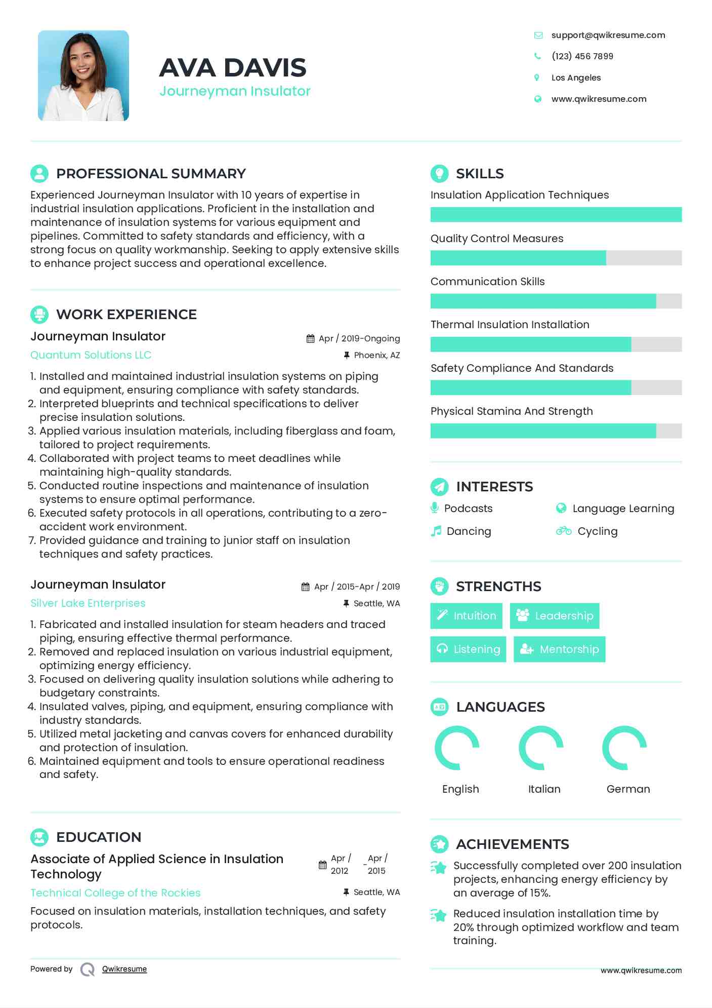 Journeyman Insulator Resume Samples QwikResume