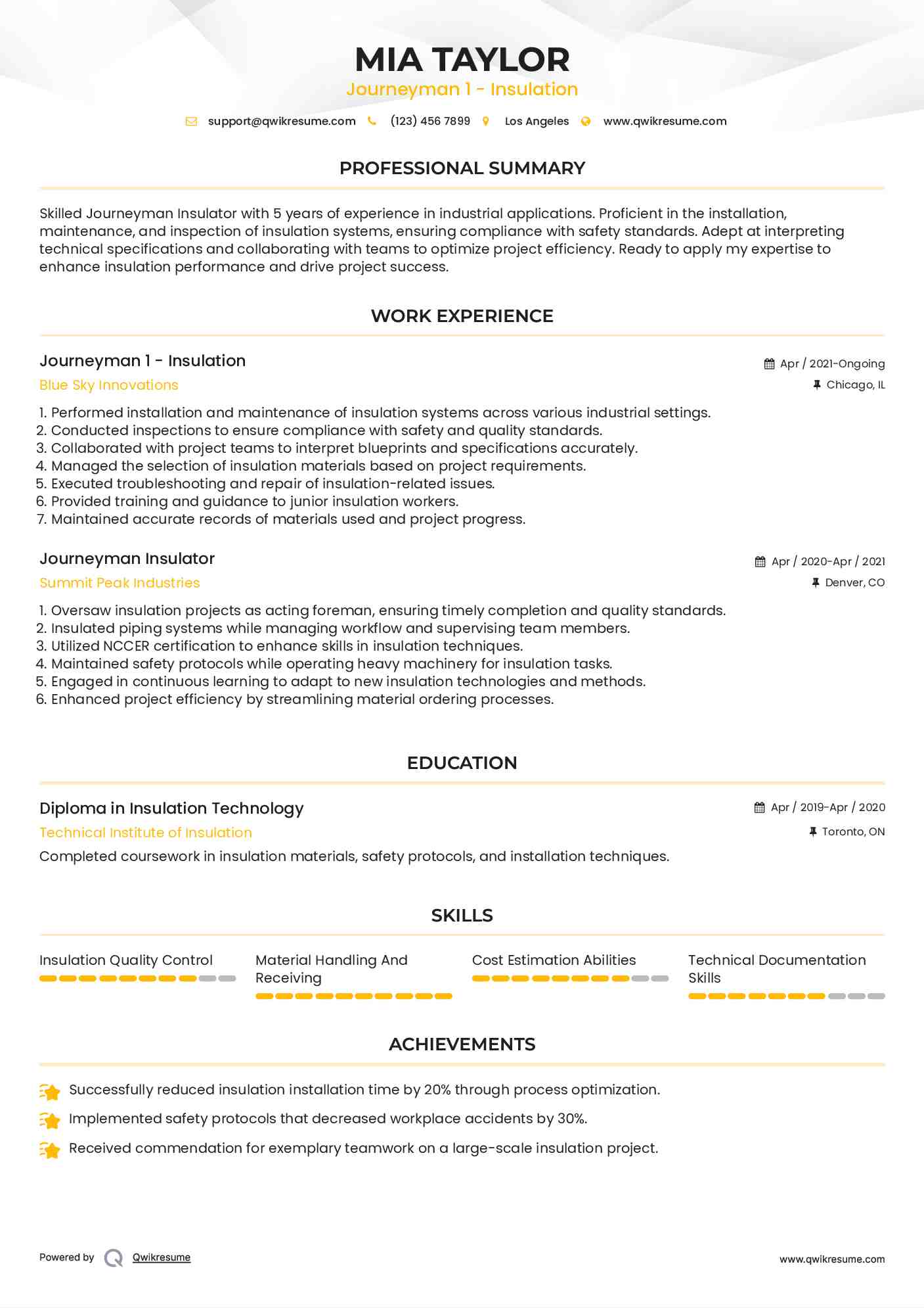 Journeyman Insulator Resume Samples QwikResume