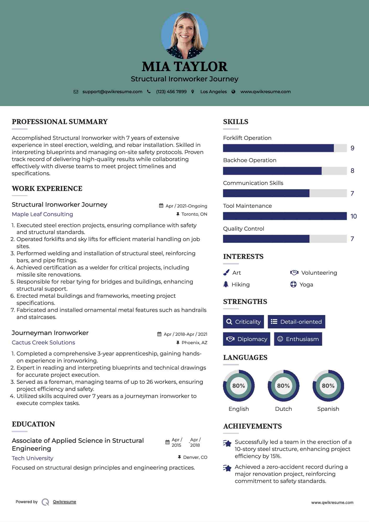 Structural Ironworker Journey Resume Model