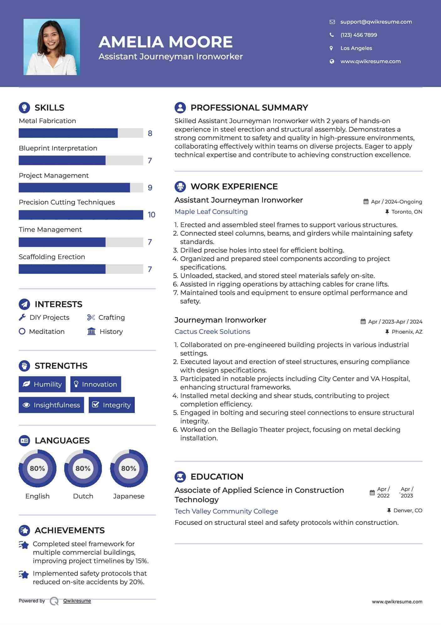 Assistant Journeyman Ironworker  Resume Model