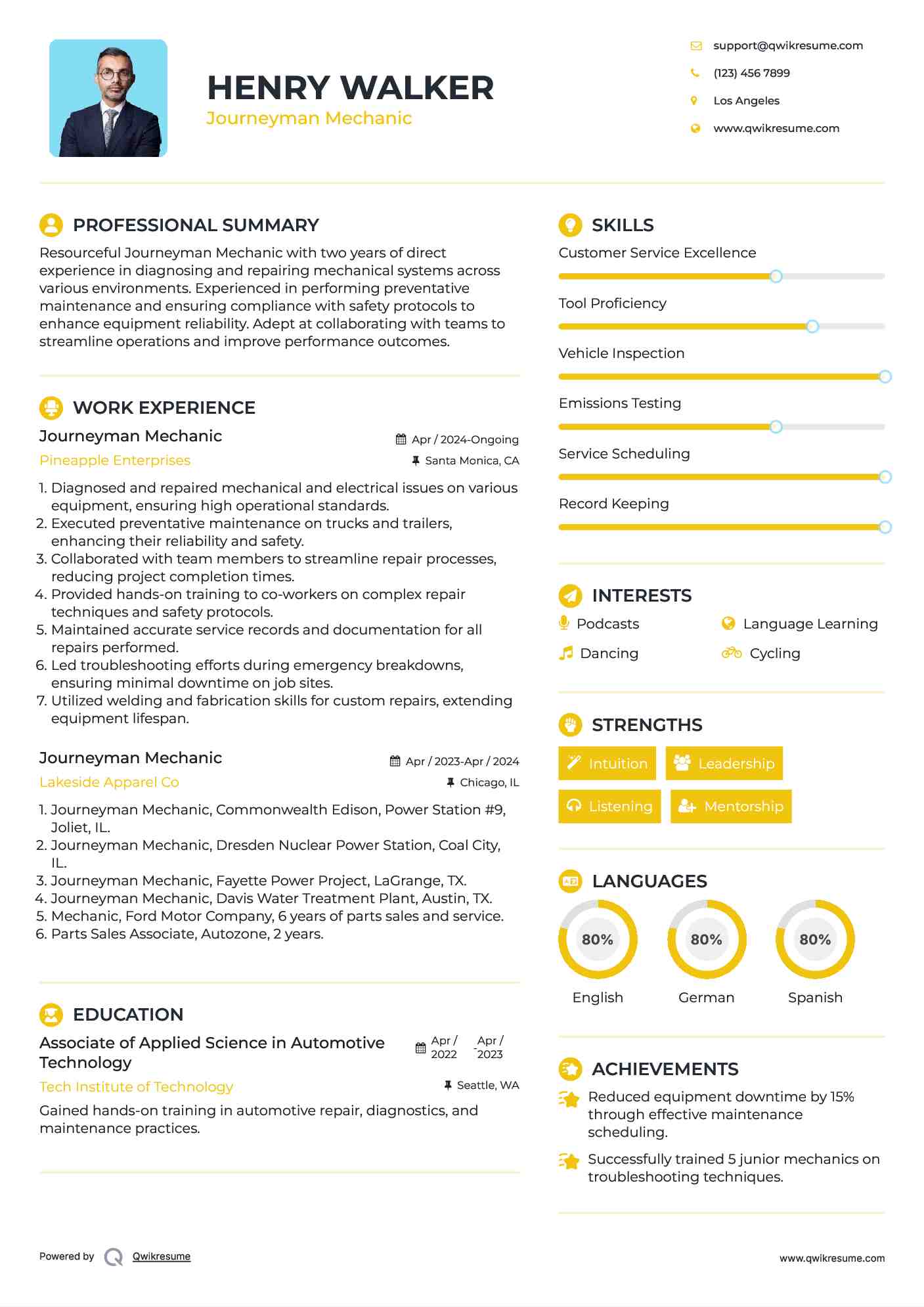 Journeyman Mechanic Resume Format
