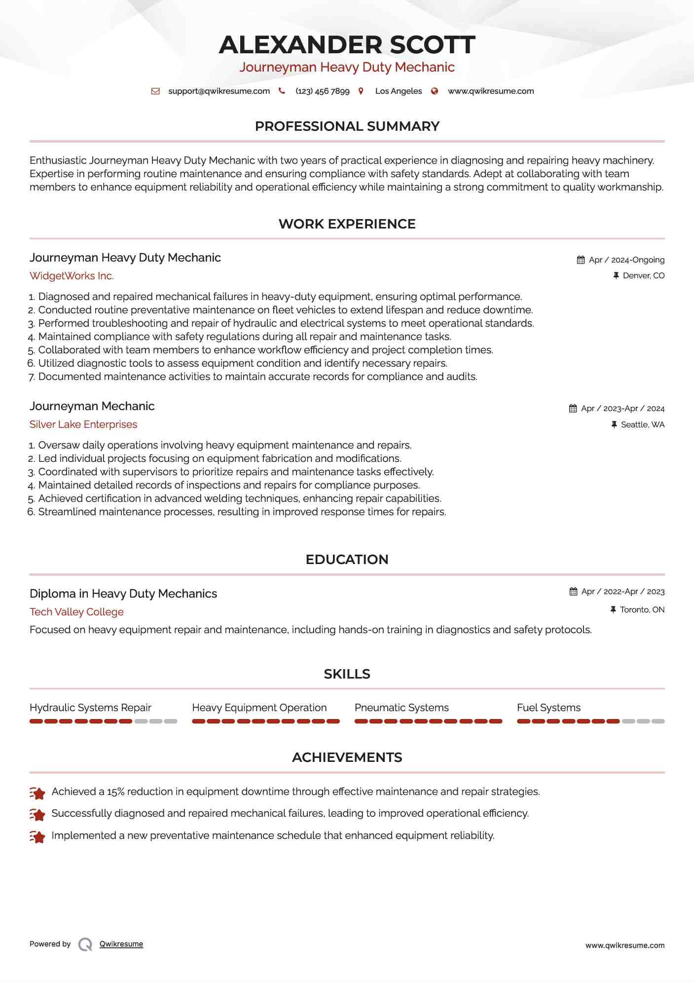 Journeyman Heavy Duty Mechanic Resume Sample