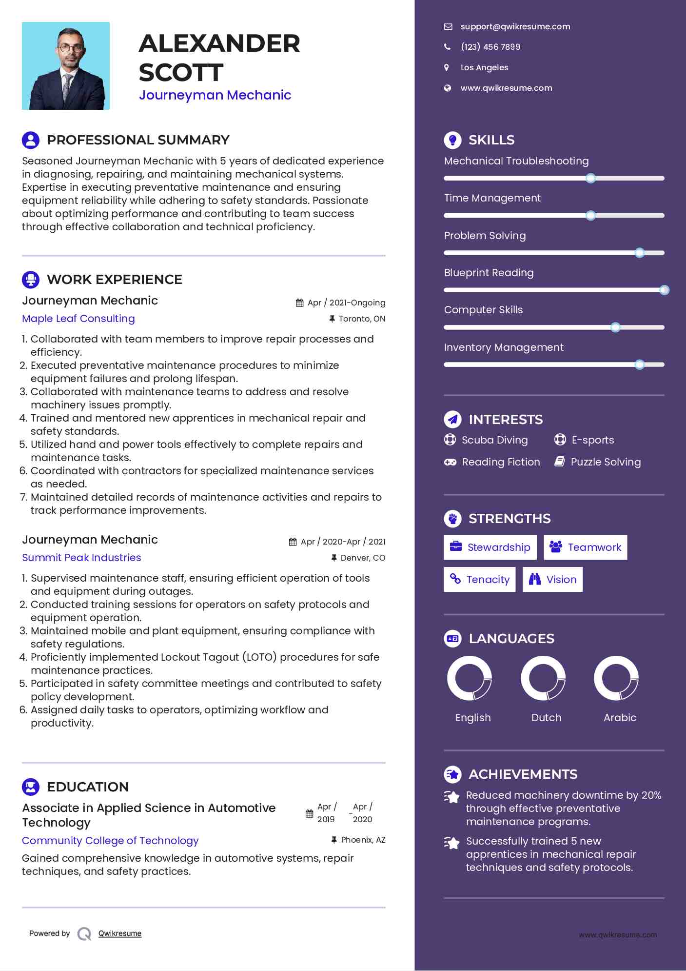 Journeyman Mechanic Resume Template