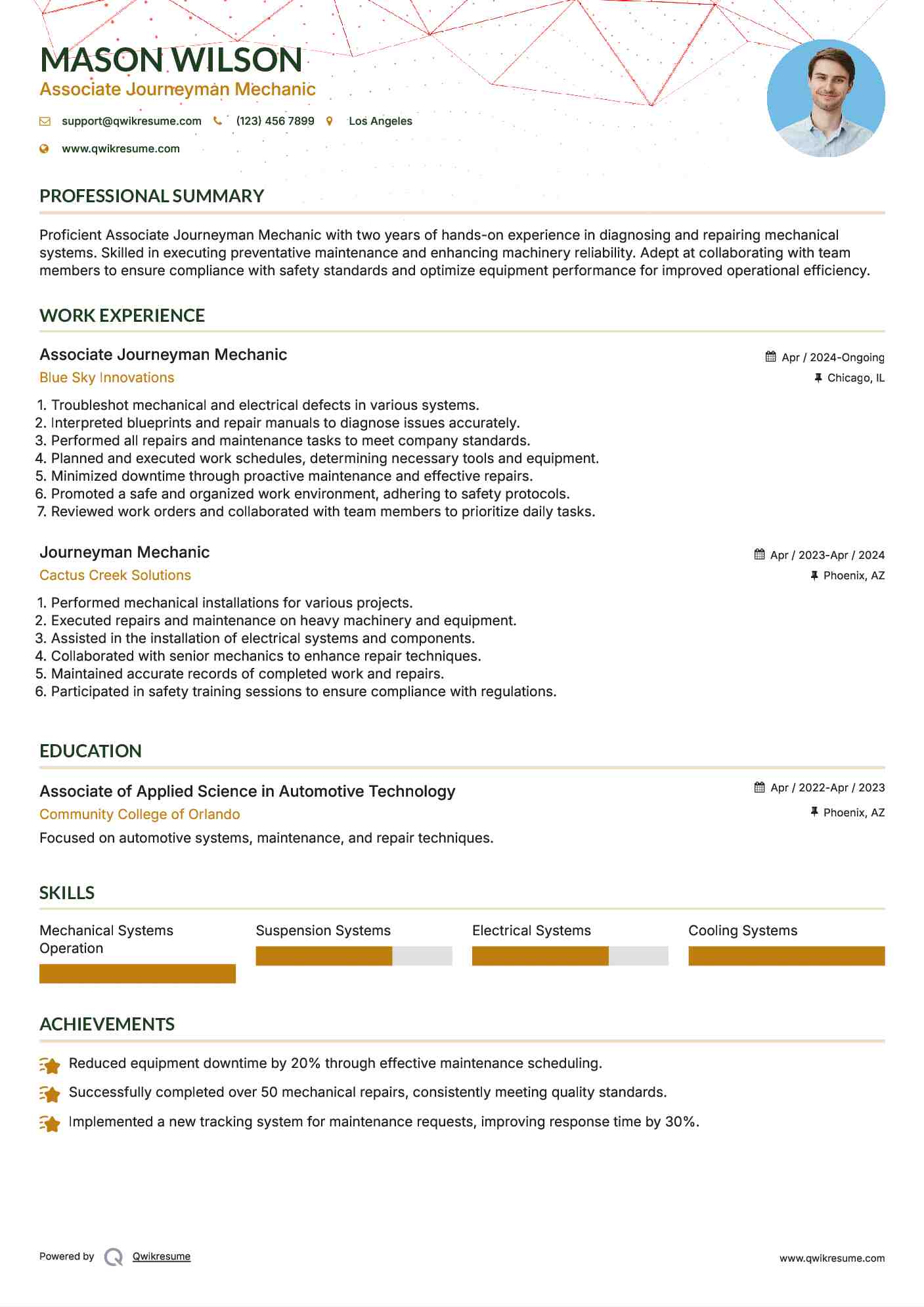 Associate Journeyman Mechanic Resume Sample